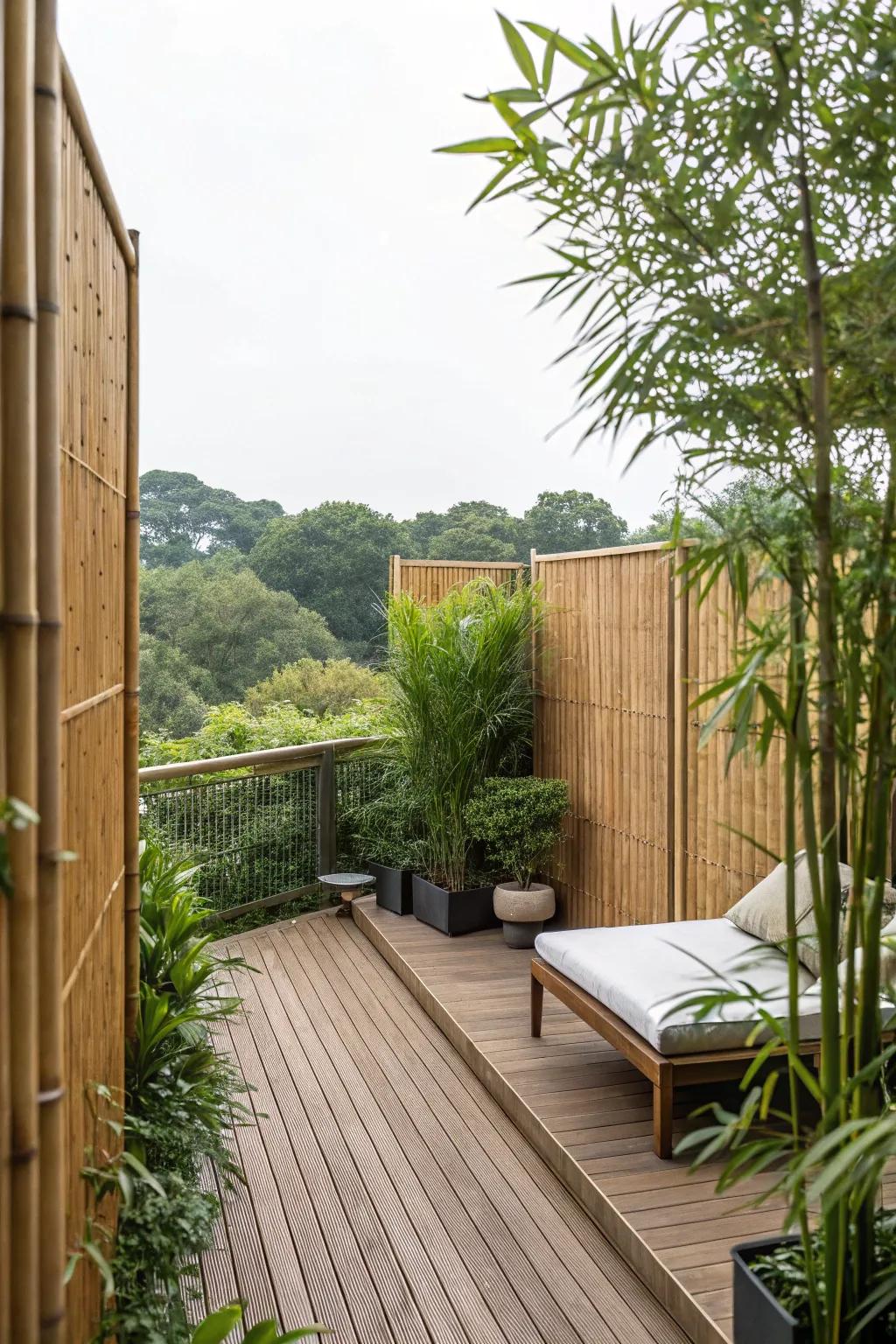A serene deck with bamboo privacy screens for added seclusion.