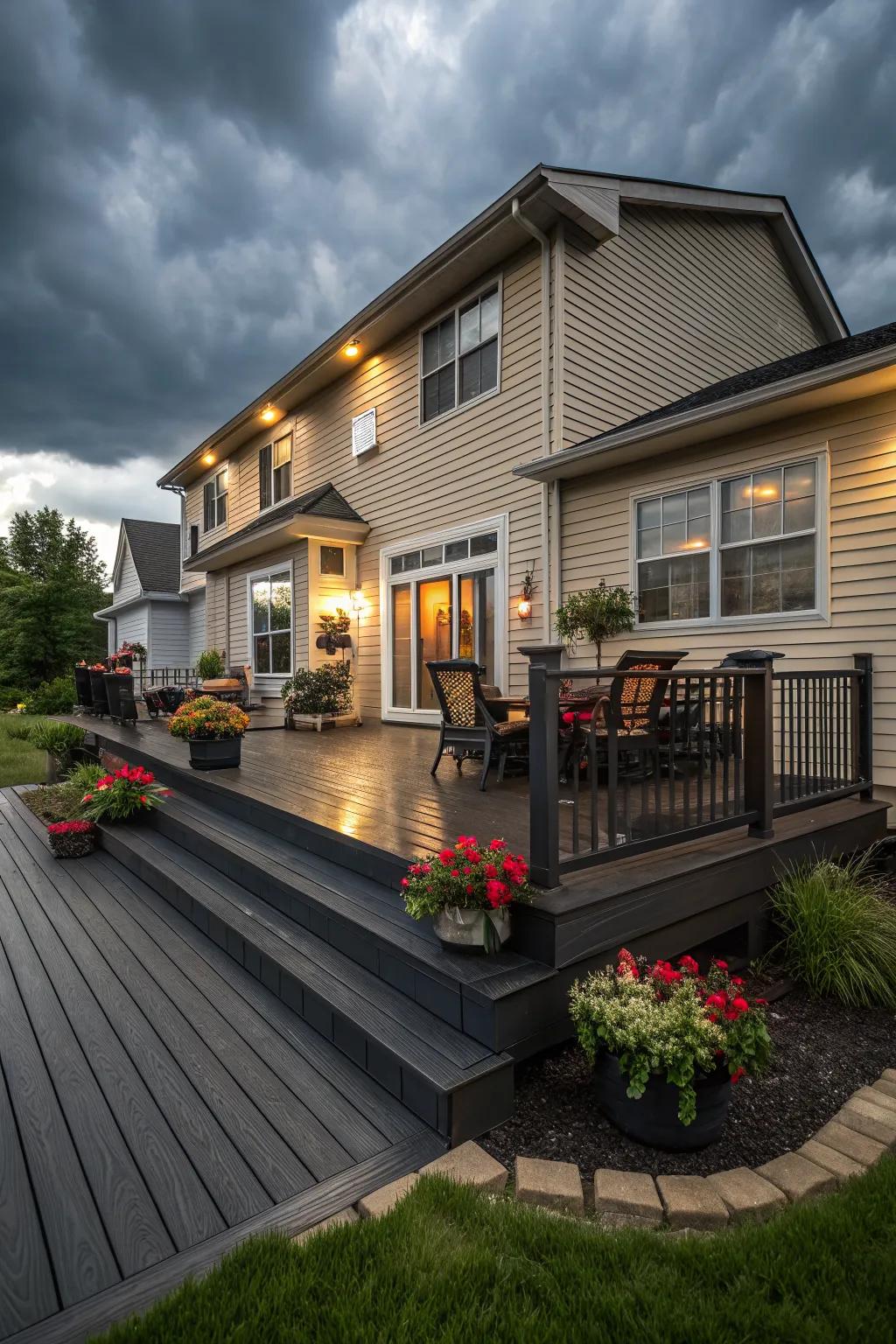 Charcoal decks add dramatic flair to tan homes.