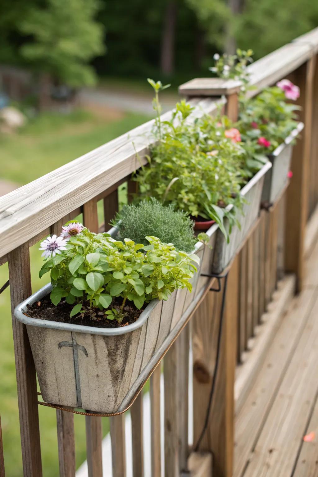 Deck rail planters make gardening convenient and accessible.