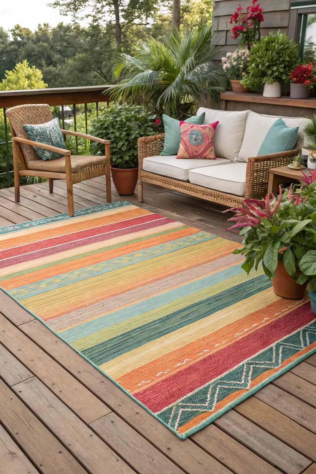 A vibrant rug can transform your deck's appearance.