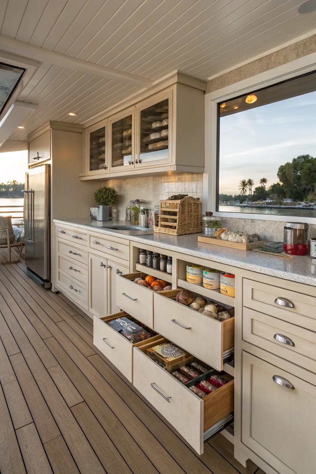 Keep your deck kitchen tidy with smart storage solutions.