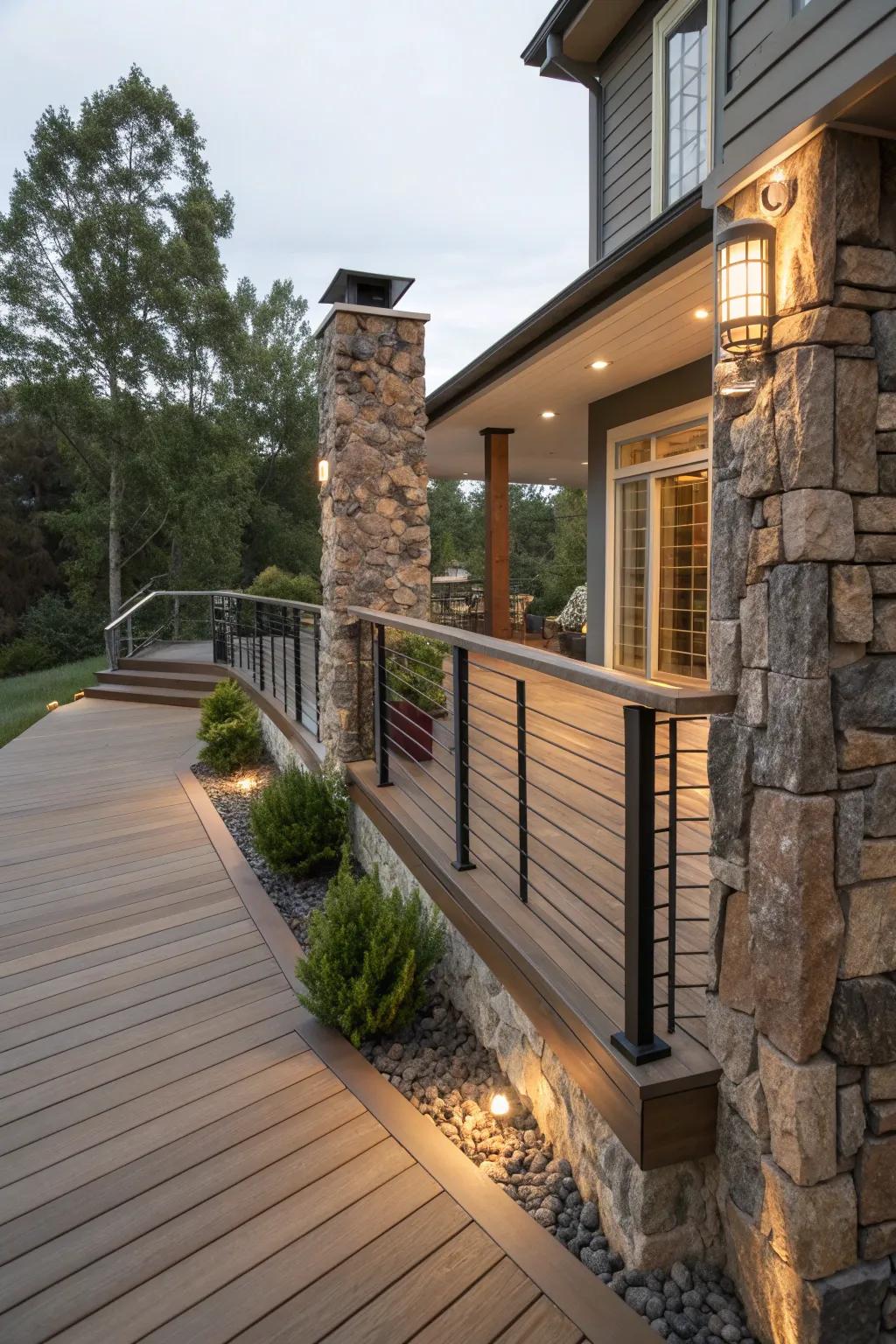 Deck landing with mixed materials: wood, stone, and metal.
