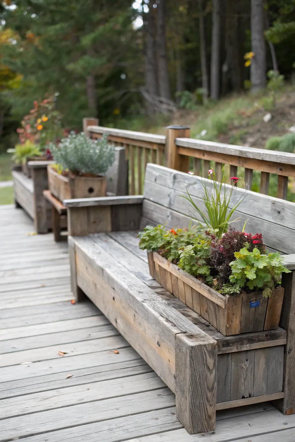 Rustic wooden decor brings warmth and character to a side deck.
