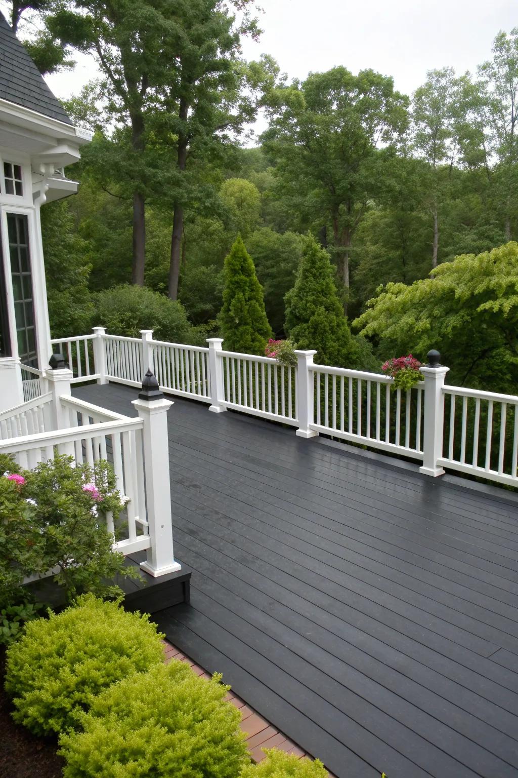 A bold black deck that makes a striking statement against its natural backdrop.