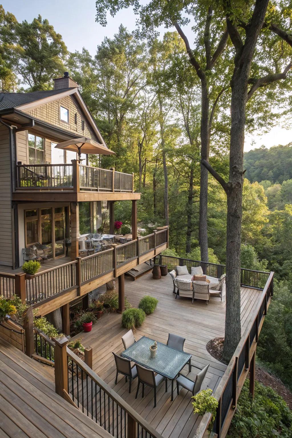 A multi-level deck provides separate spaces for dining and relaxing, nestled among lush greenery.