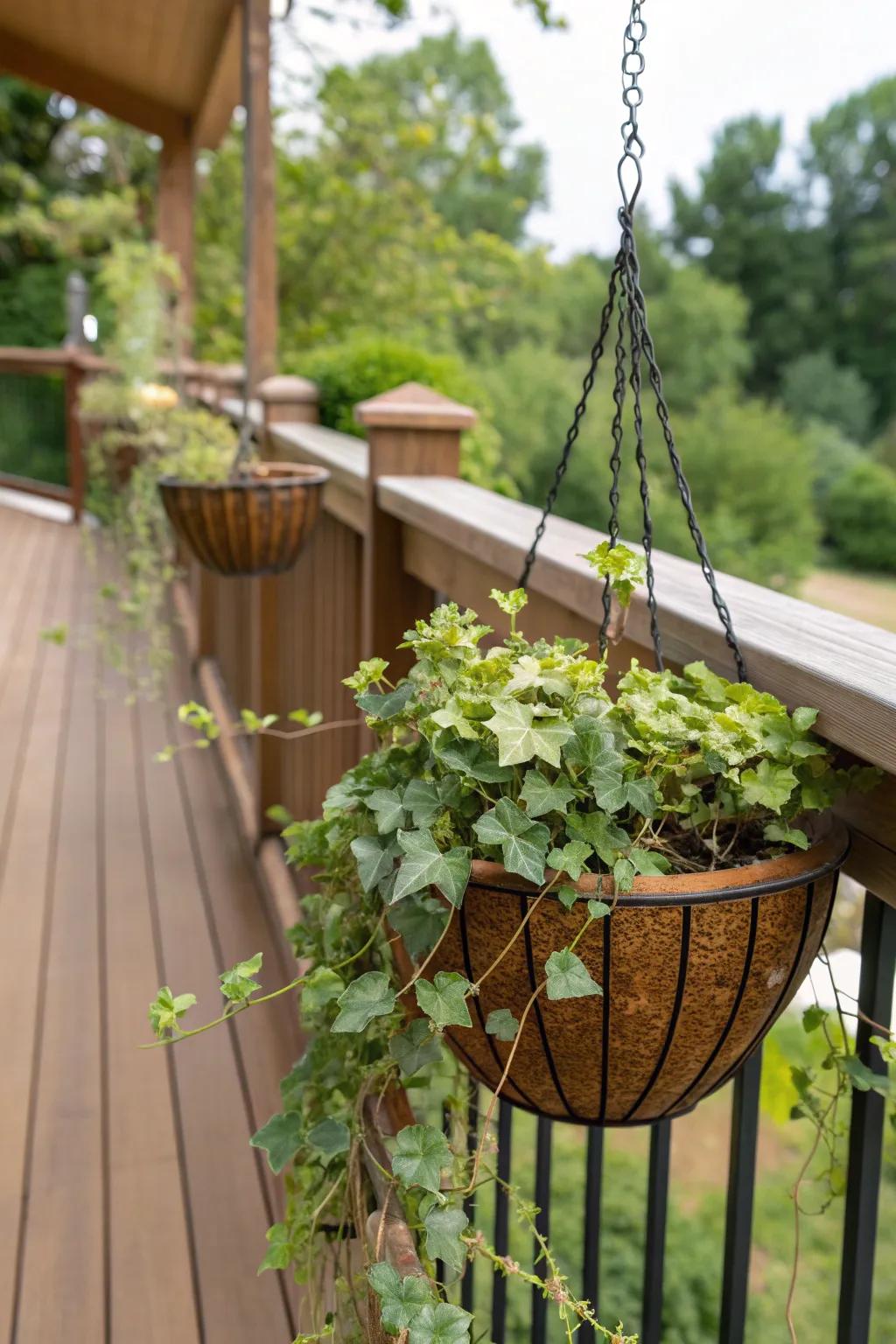 Hanging basket planters create a cascading green effect
