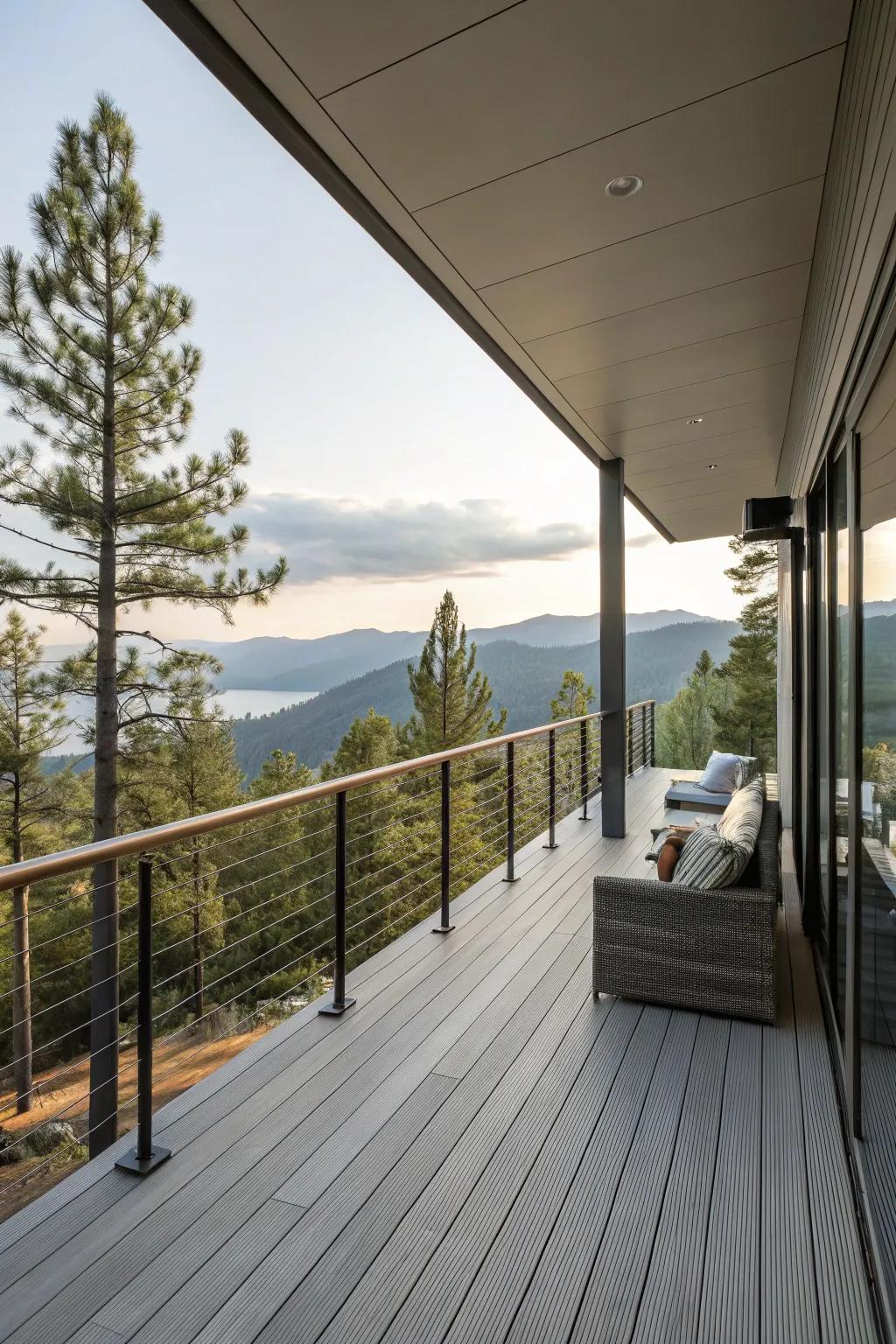 A modern deck featuring sleek cable railings that enhance the scenic view.