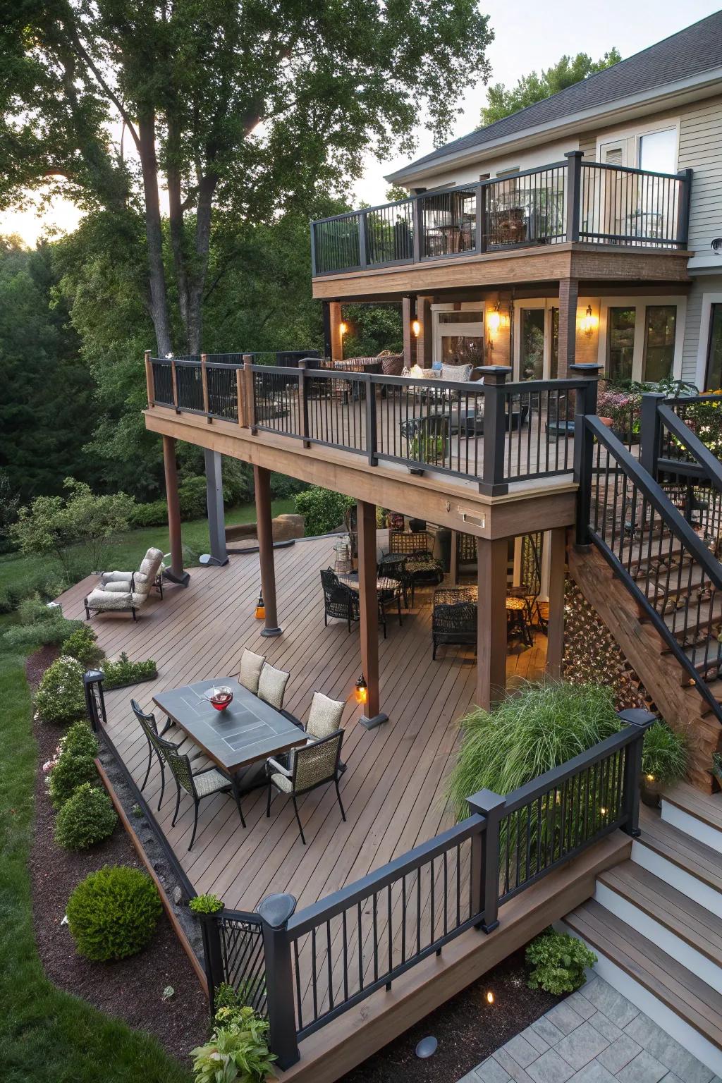 A multi-level deck design, offering varied spaces for different activities.