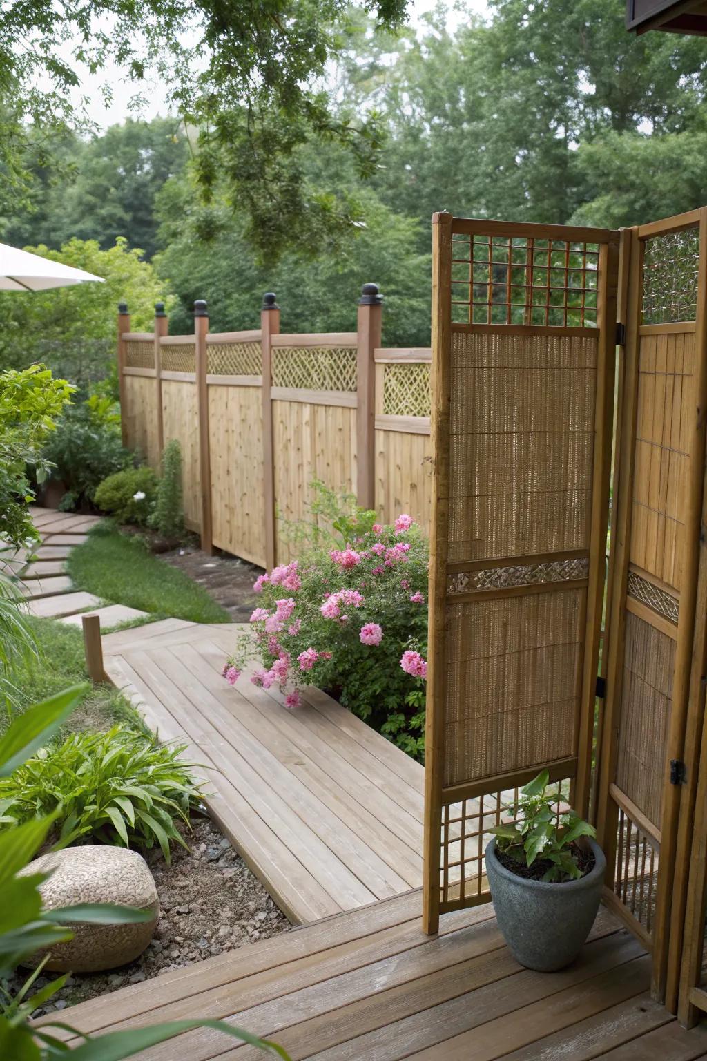Bamboo screens create a natural barrier on the deck.