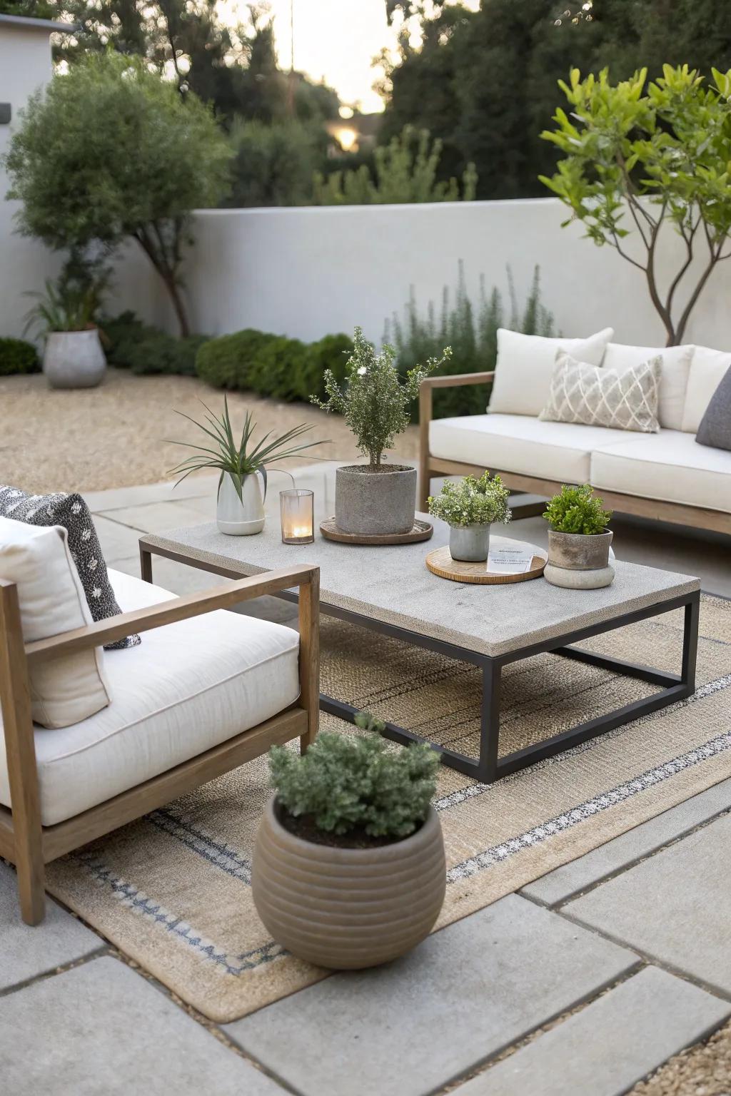 A sleek, modern patio design with decomposed granite.