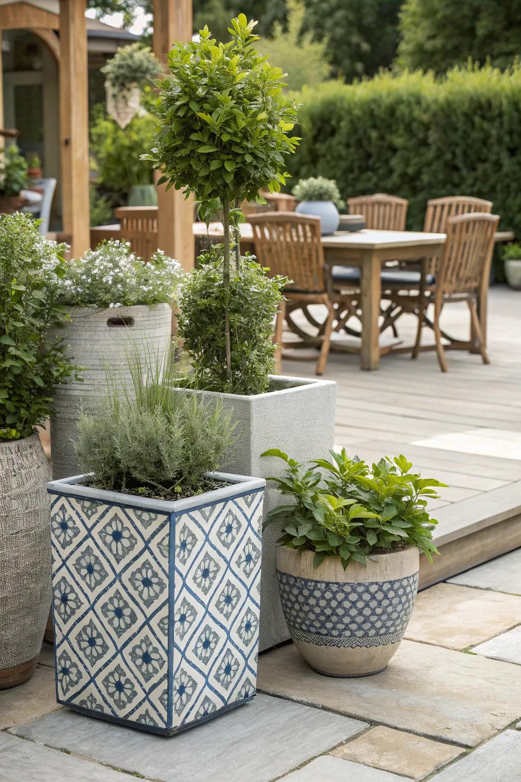 Stylish planters complement the overall design of the patio.