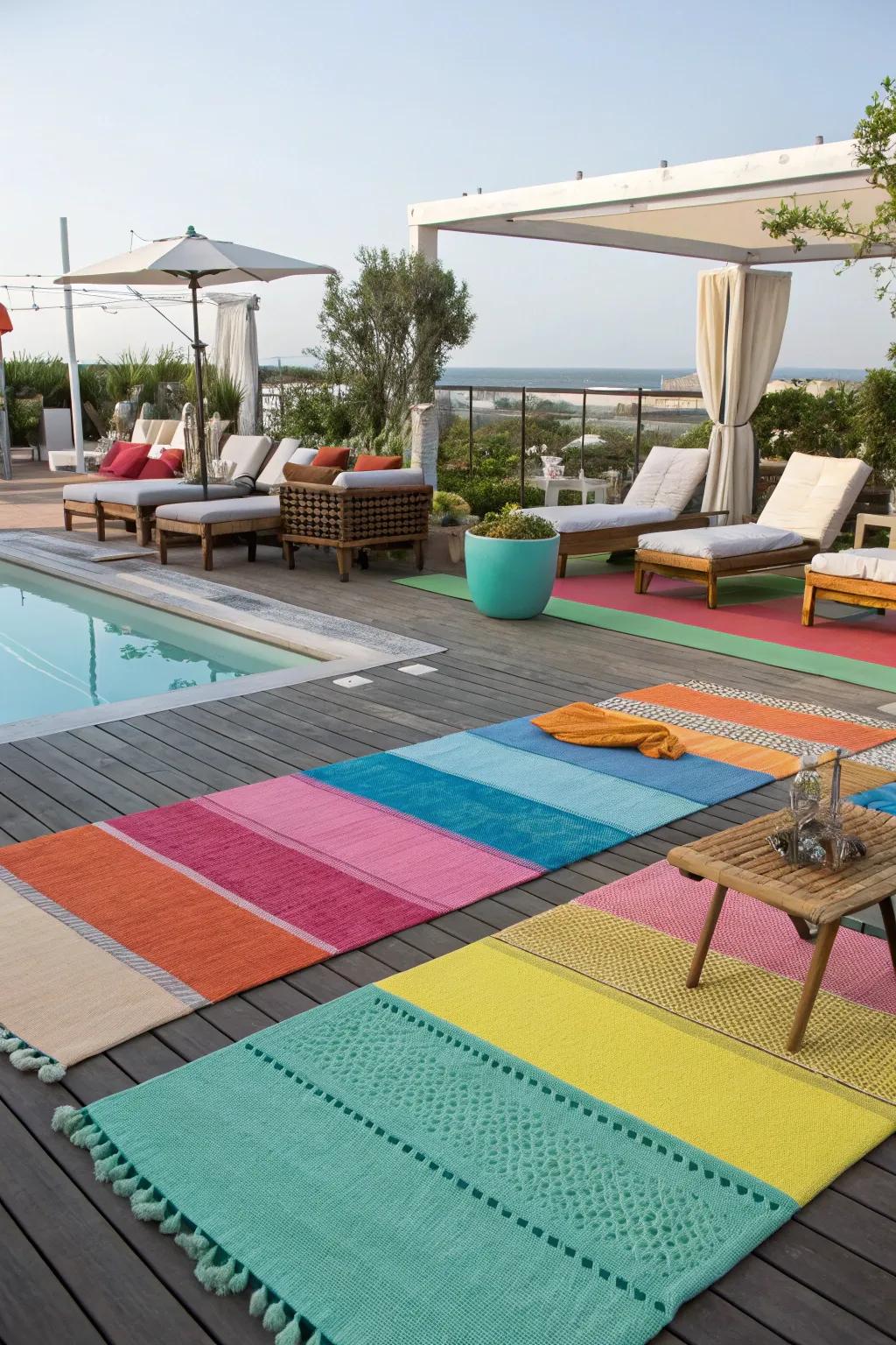Outdoor rugs add style and define spaces by the pool.