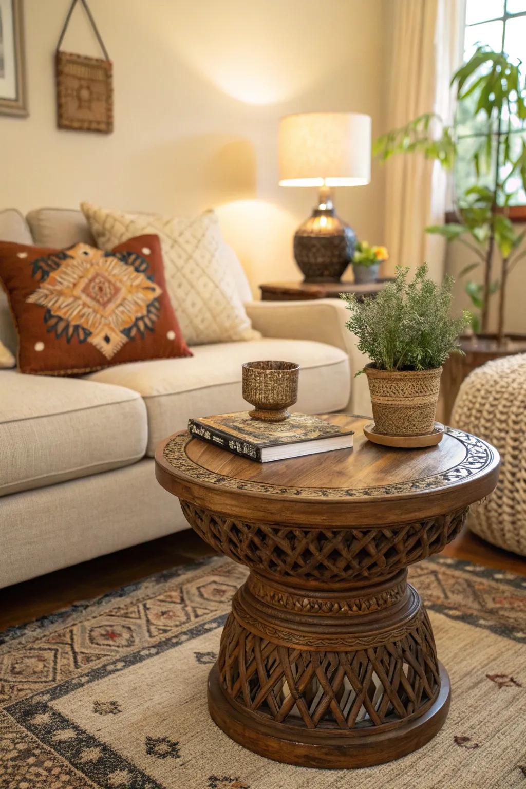 A living room where a garden stool replaces the traditional coffee table for a unique touch.