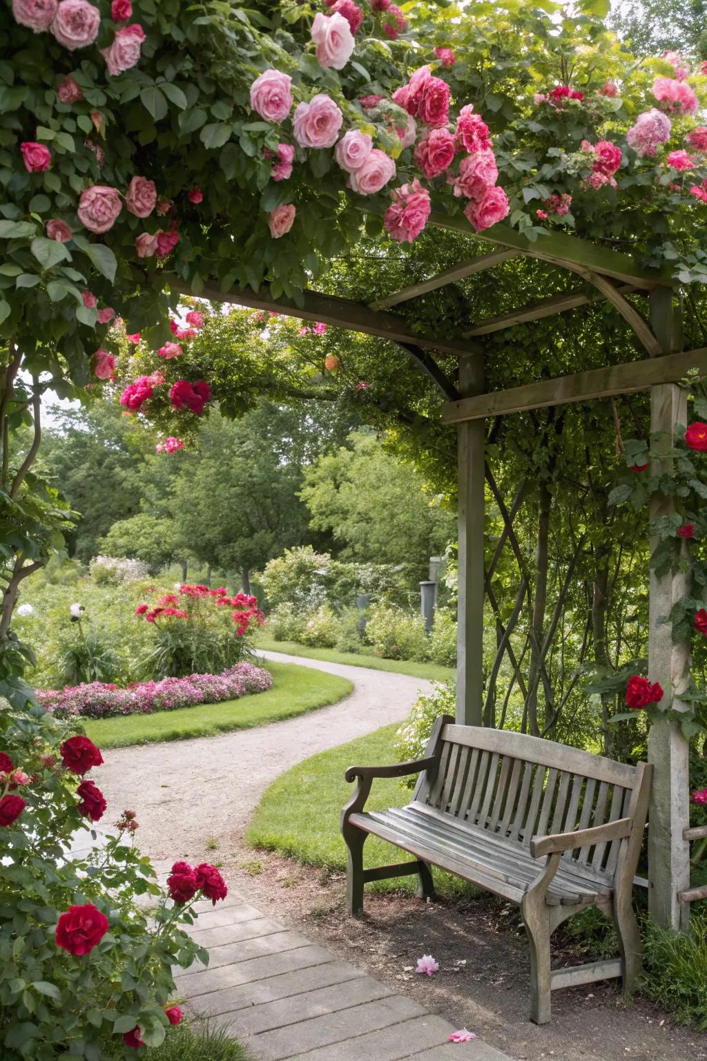 A bench under a rose canopy offers a fragrant, shaded retreat.