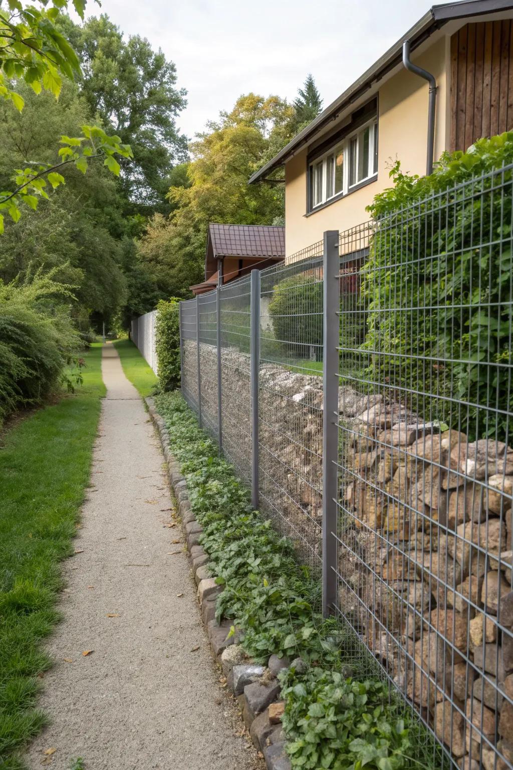 This gabion fence effectively defines property boundaries while adding visual interest.