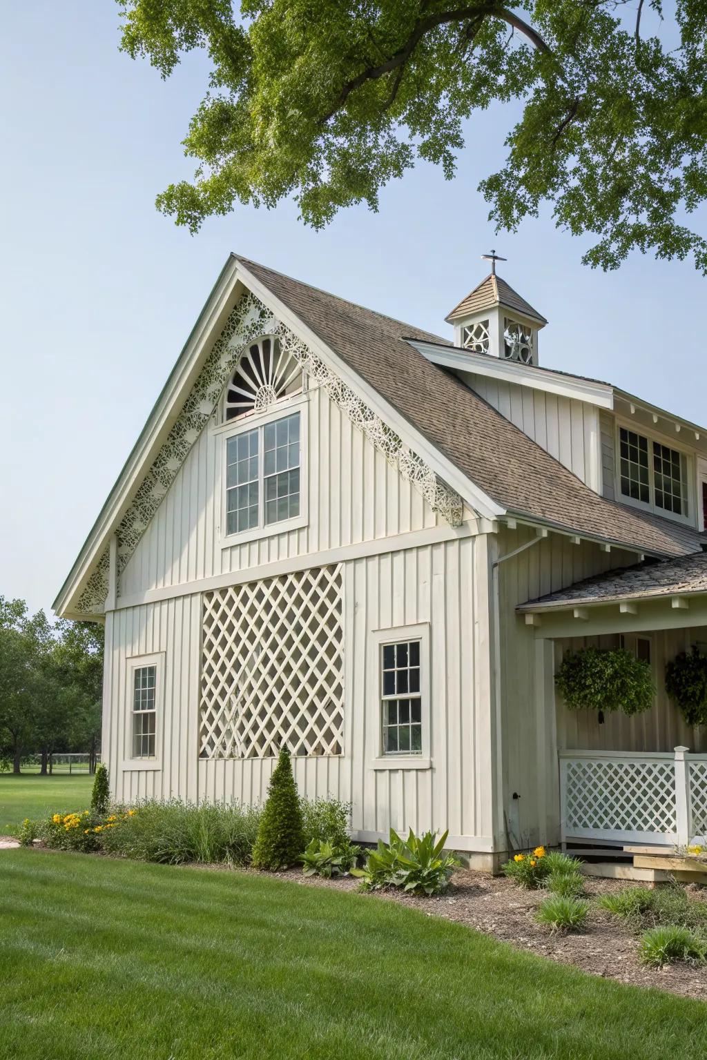Latticework on the gable vent adds charming detail to this modern farmhouse.