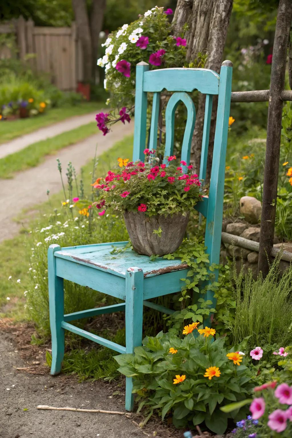 A vintage chair transformed into a vibrant garden planter.