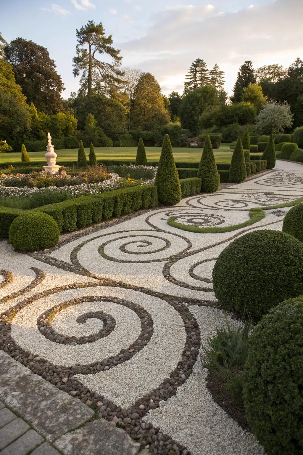 Artistic spiral patterns crafted from gravel in a garden.