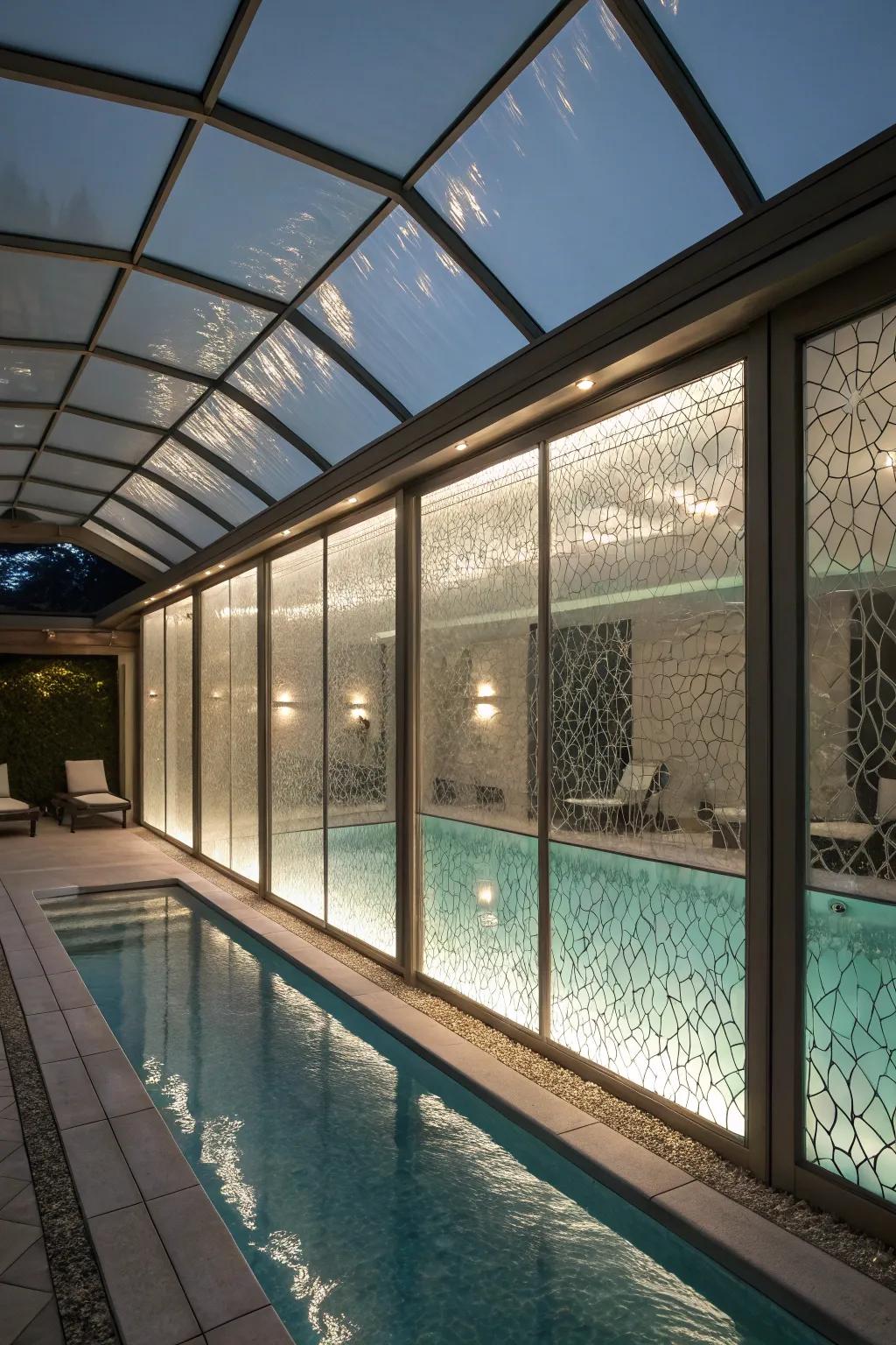 Textured glass panels combine elegance and privacy for pool enclosures.