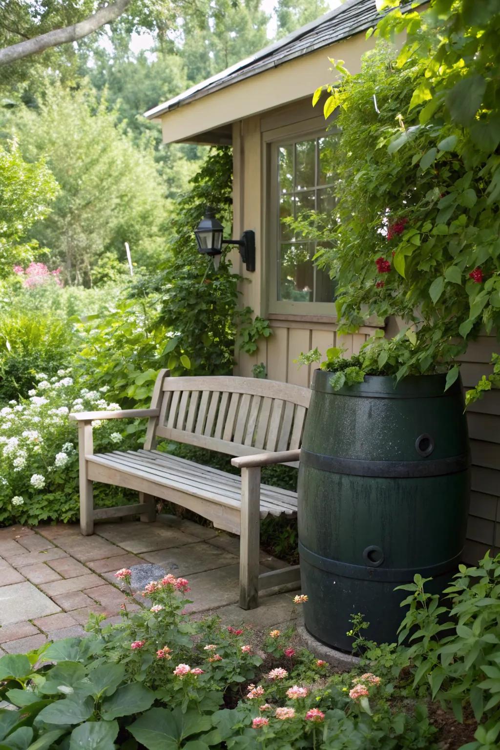 Sit and relax with a bench that hides a rain barrel.