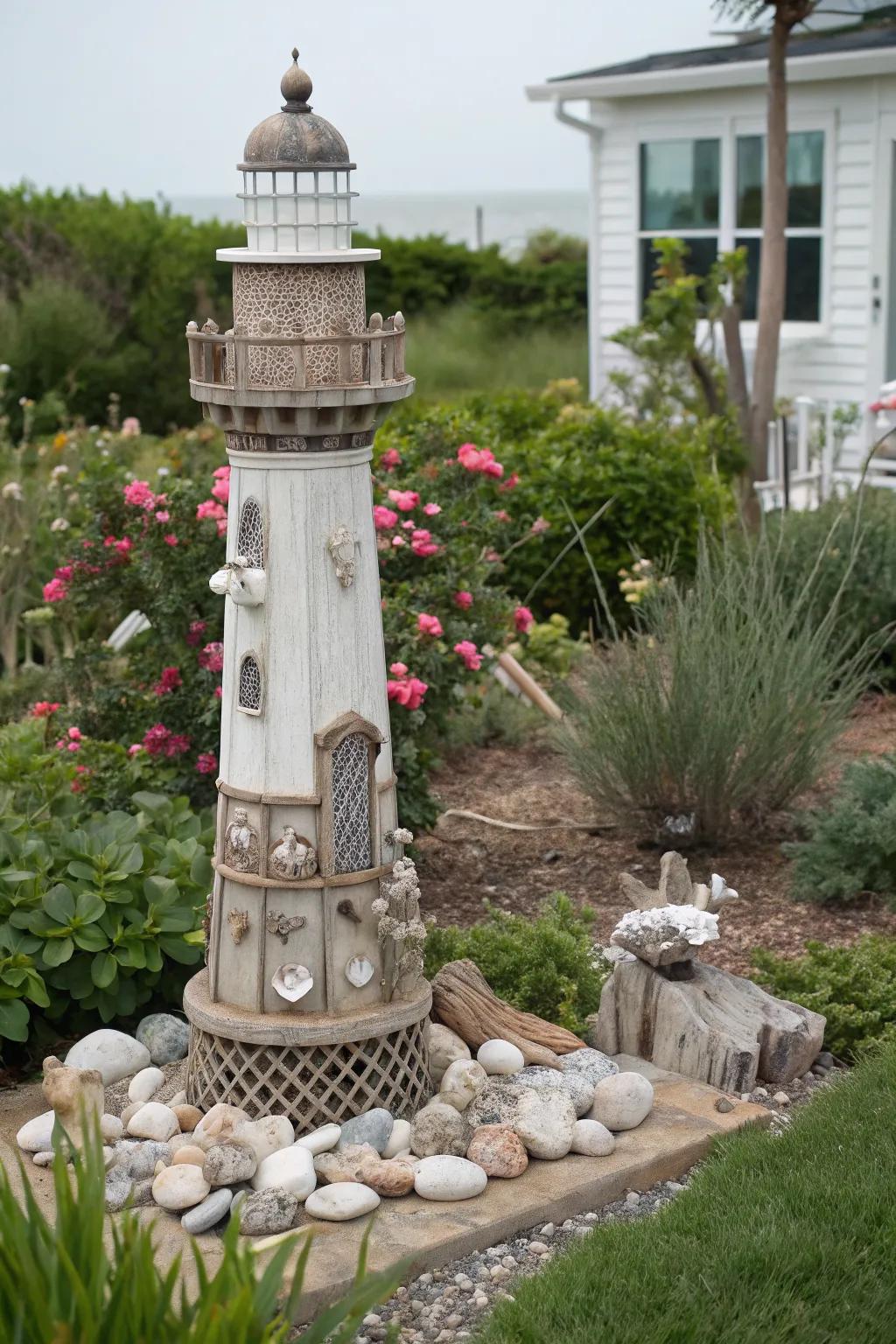 A lighthouse cover adds a nautical touch to your garden.