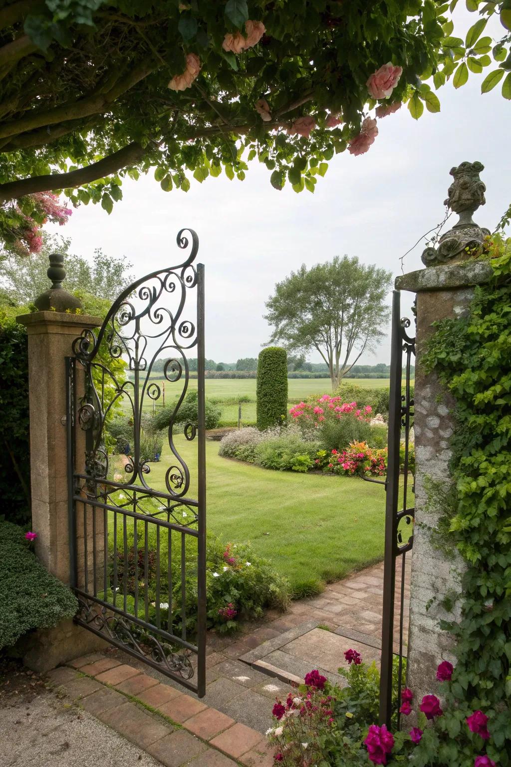 Artistic ironwork brings flair to garden gates.