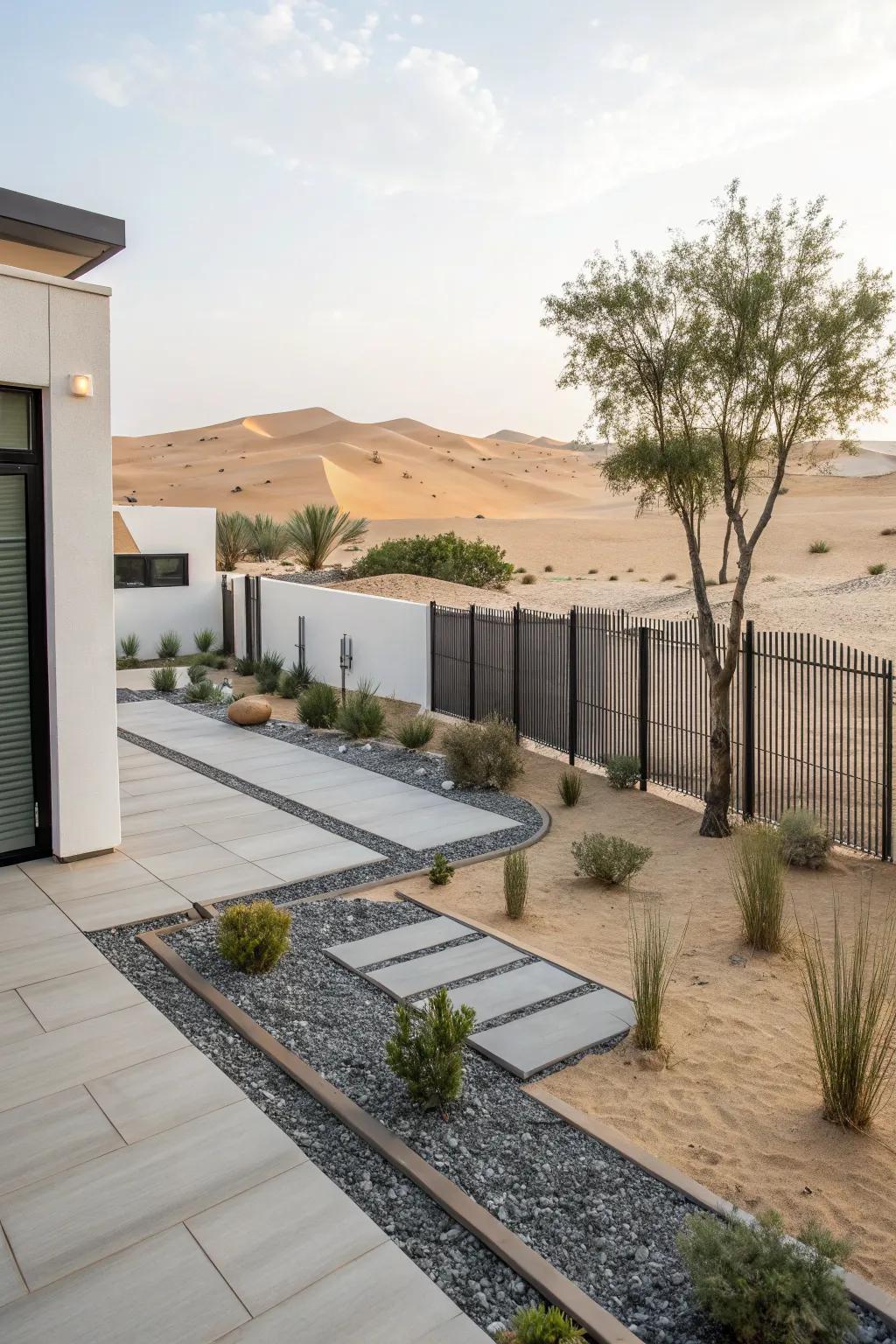 A sleek and organized desert front yard design with modern aesthetics.