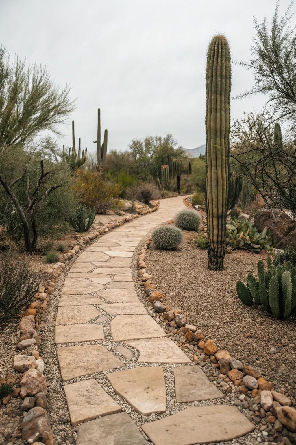 Stone pathways add charm and structure to the desert landscape.