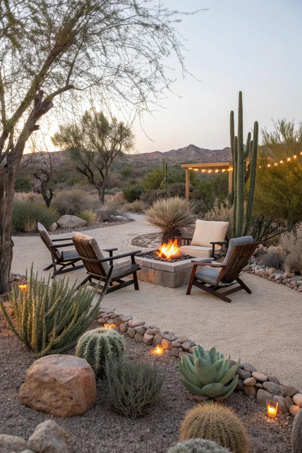 An inviting outdoor living space in a desert garden.