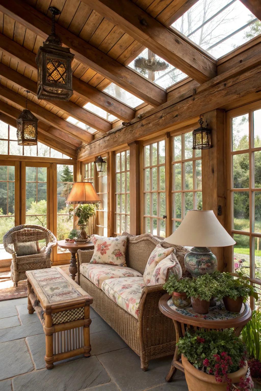 Charming rustic sunroom with wooden accents.