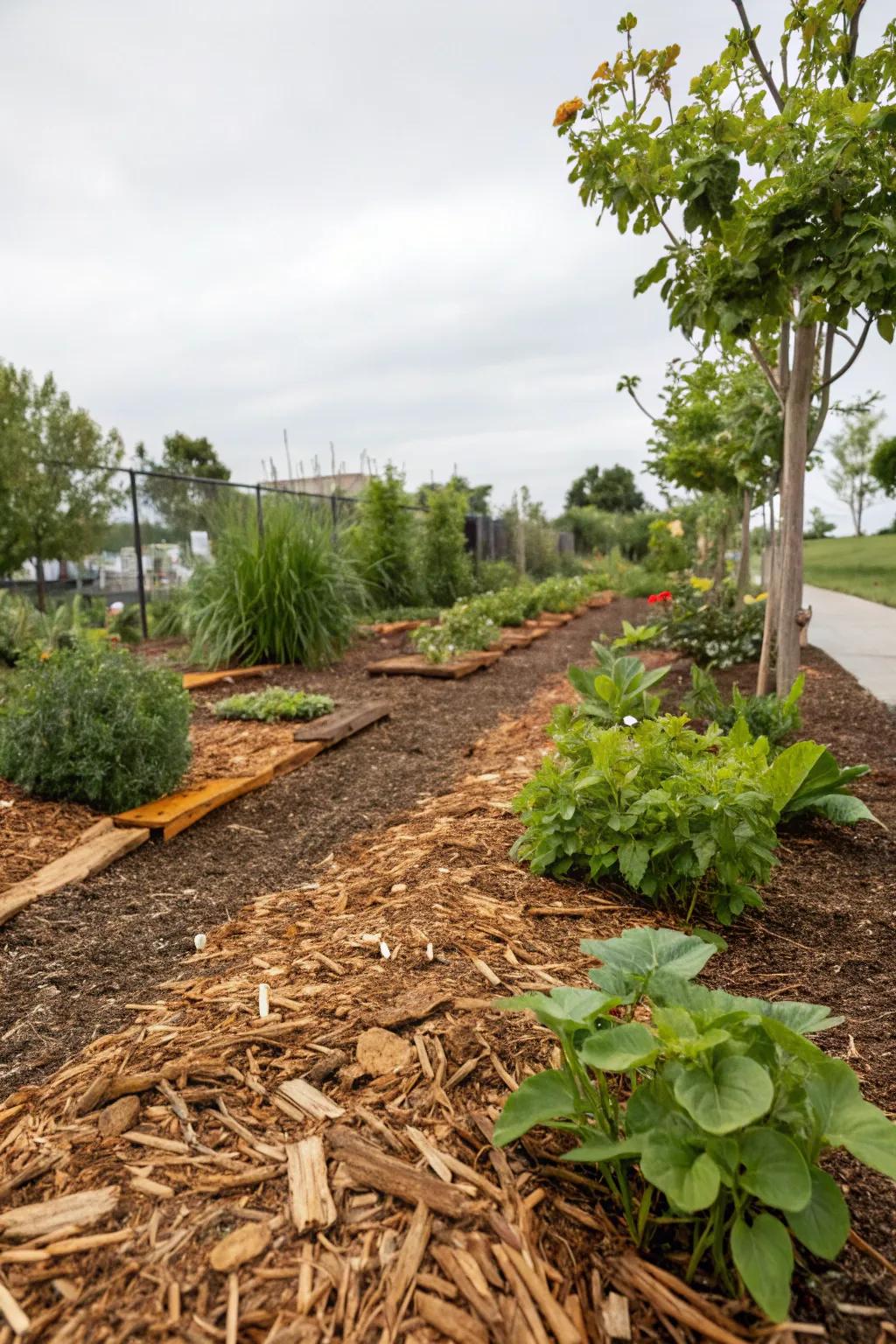 Organic mulch adds a rustic charm while preventing weed growth.