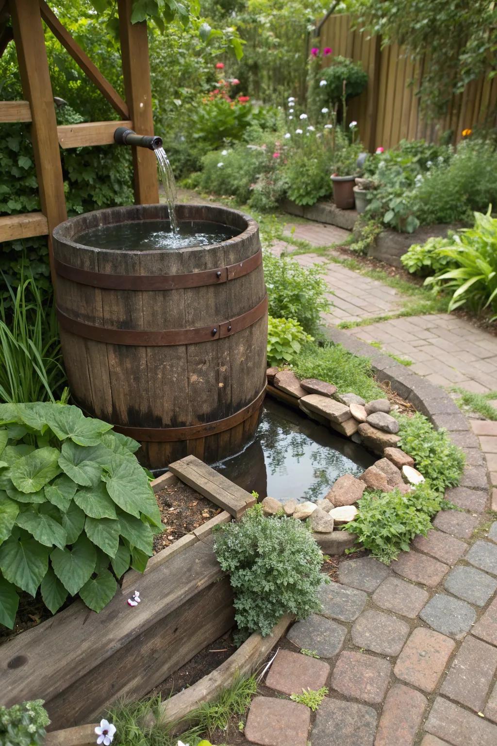 A rustic wooden barrel transformed into a charming disappearing fountain.