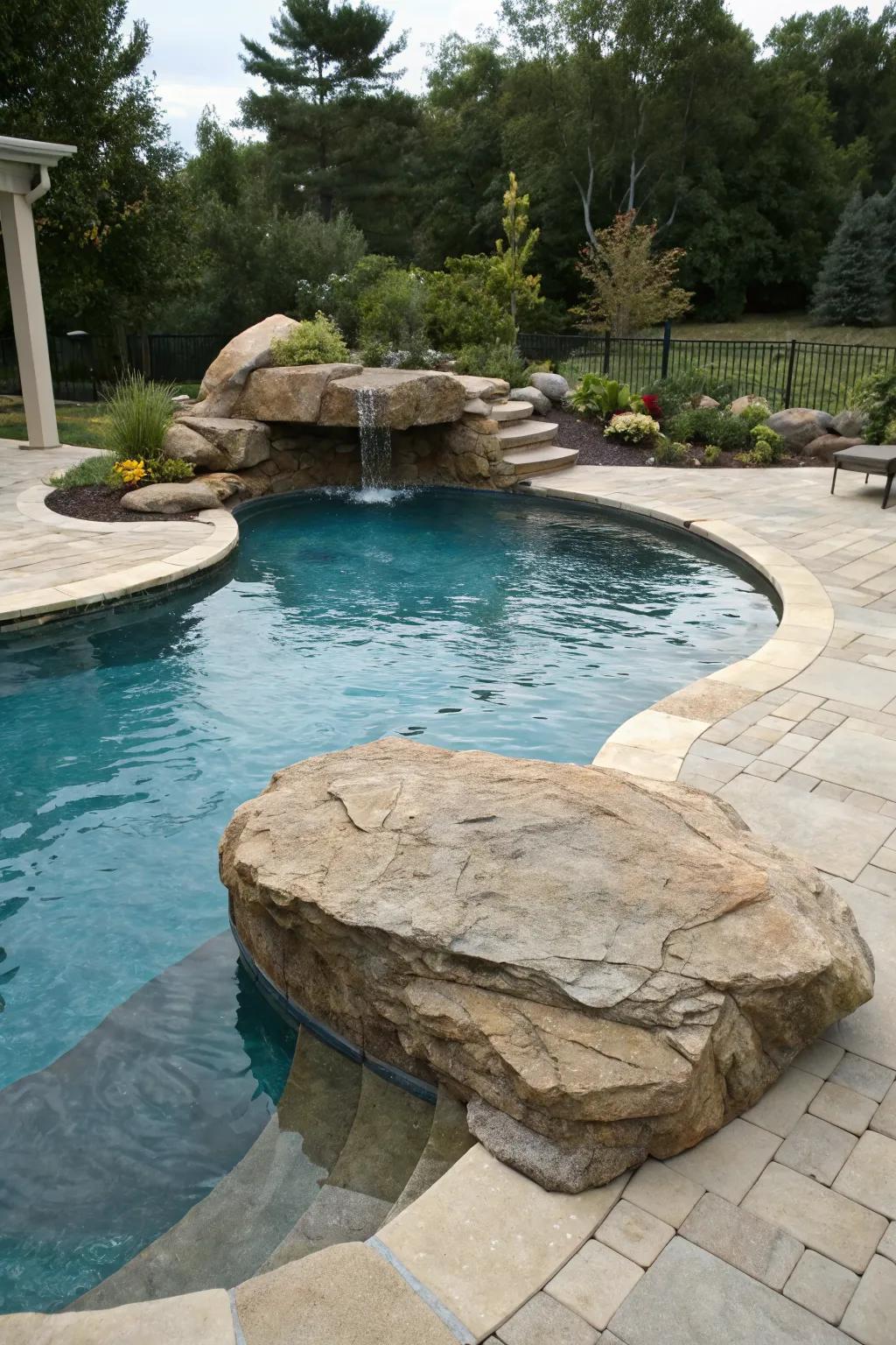 A custom-shaped pool featuring an elegant diving rock.
