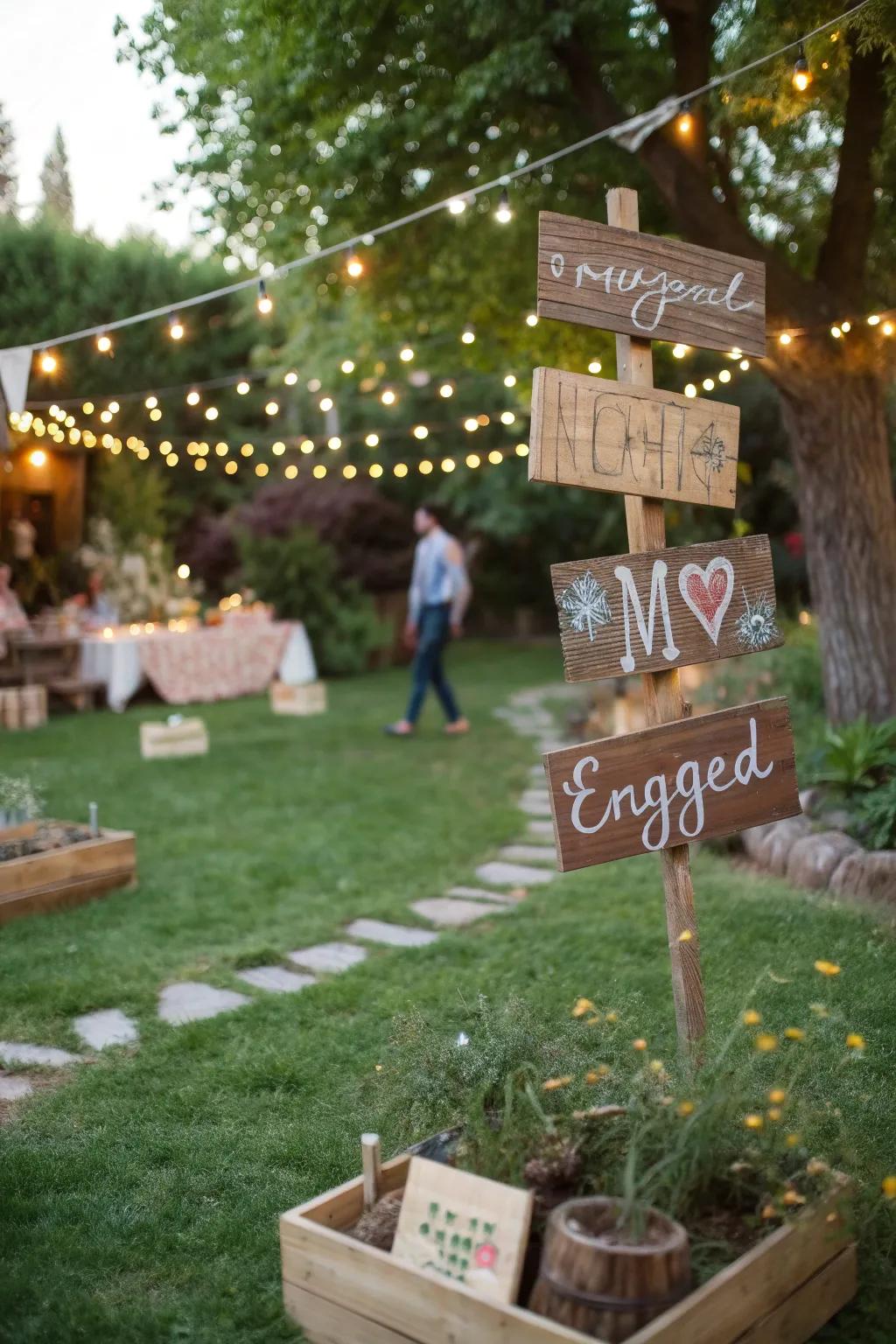 Rustic wooden signs guide guests and add charm.