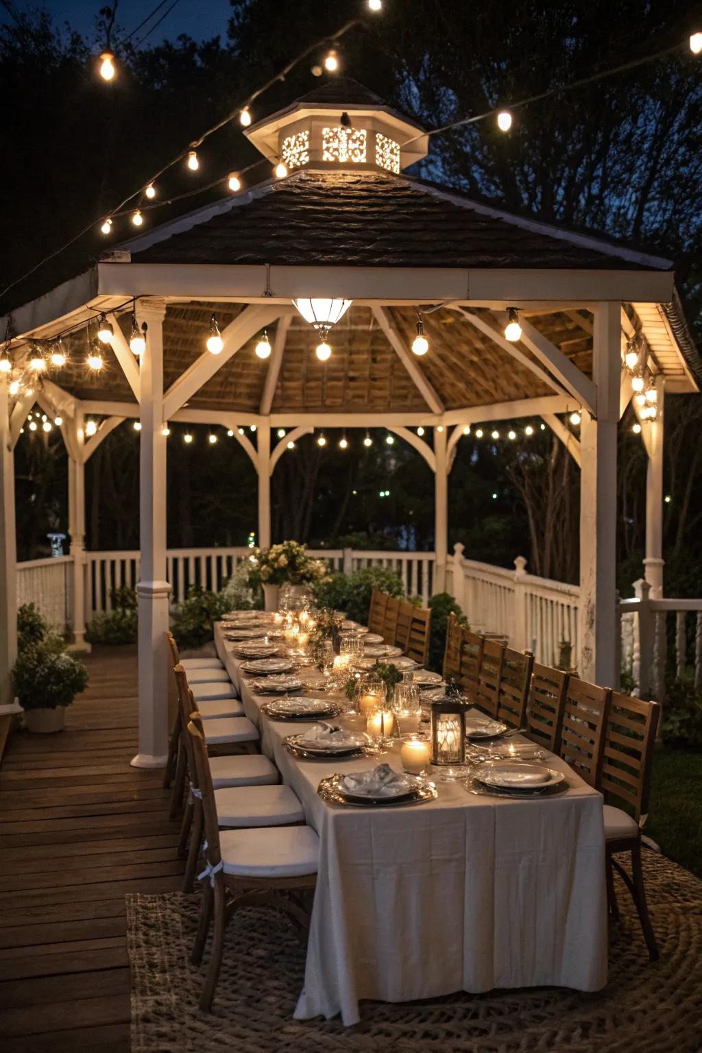 A covered dining pavilion ready for an evening gathering.