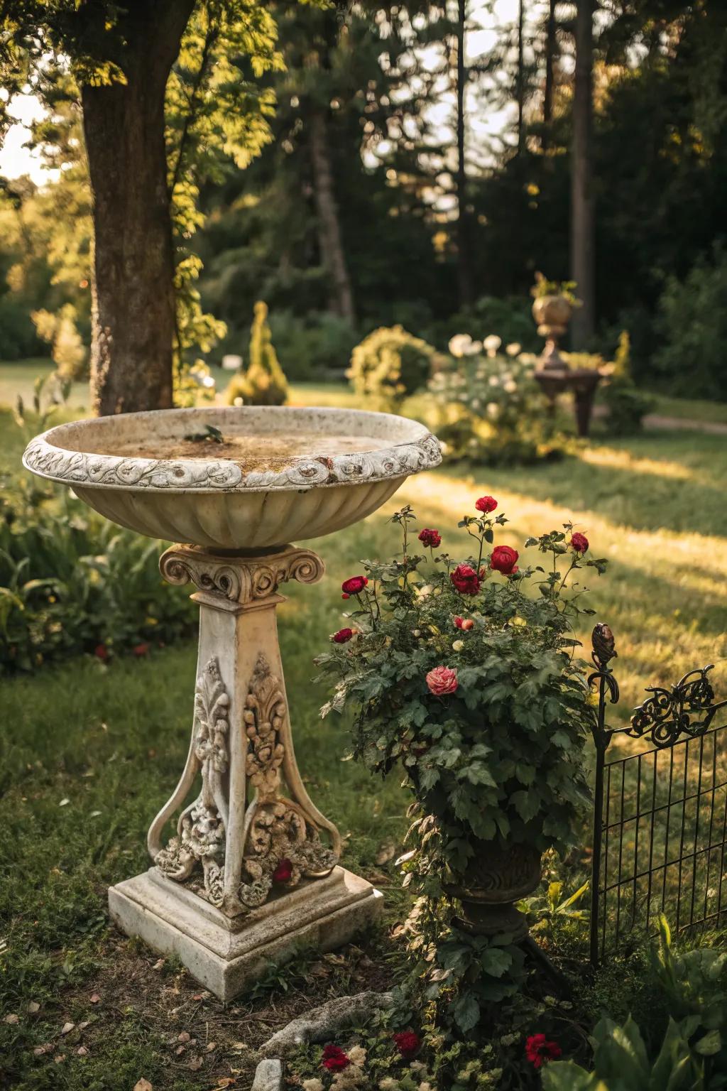 A vintage bowl birdbath adds nostalgic charm to your space.