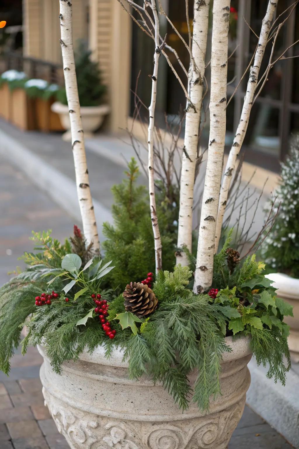 Birch branches introduce height and elegance.