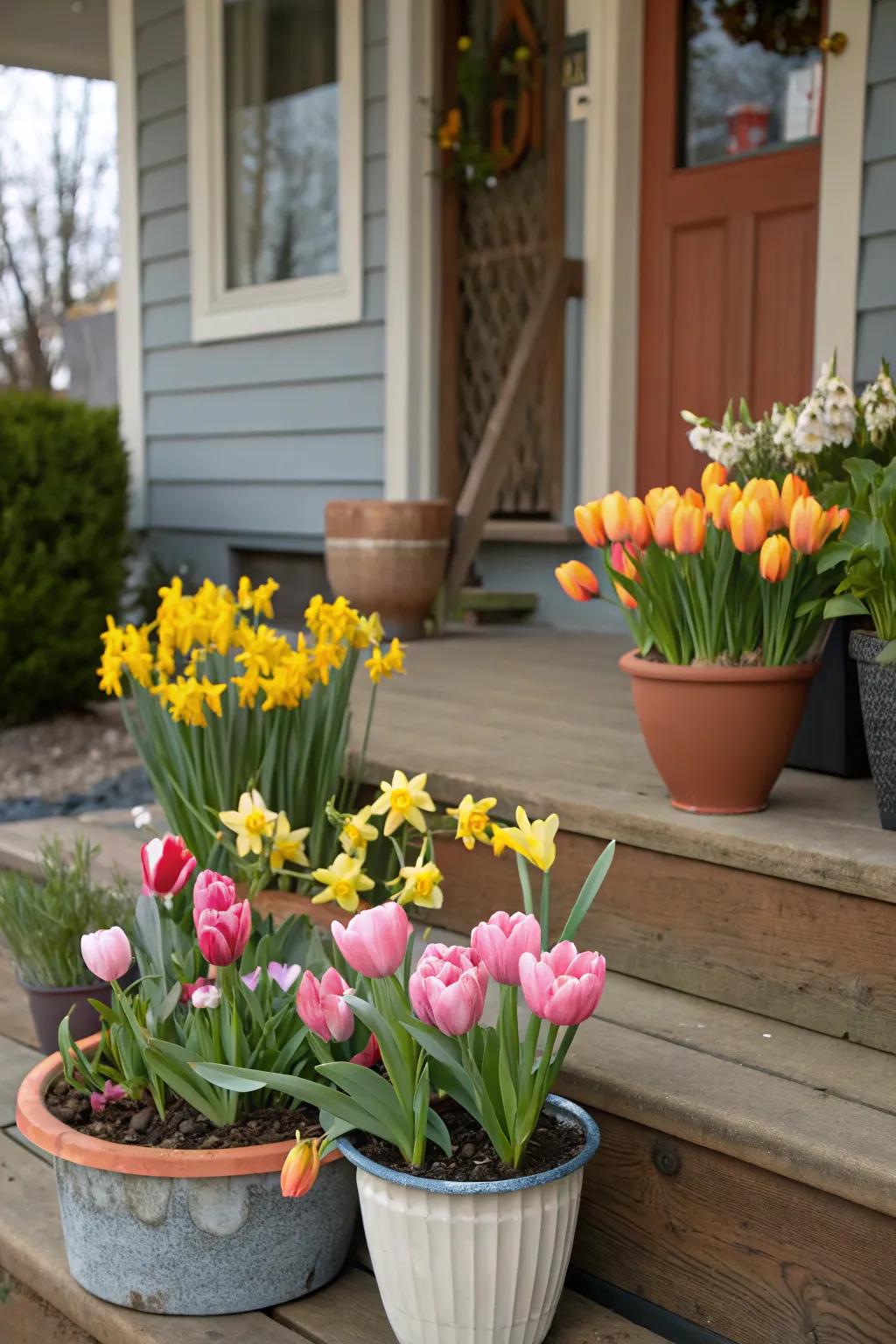 Potted spring flowers bring color and life to your porch.