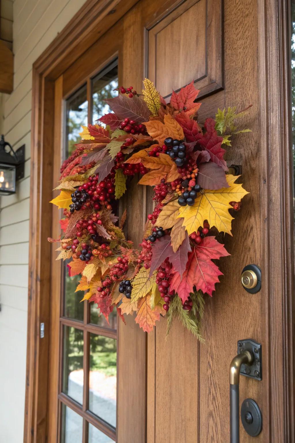 A vibrant fall wreath to welcome guests.