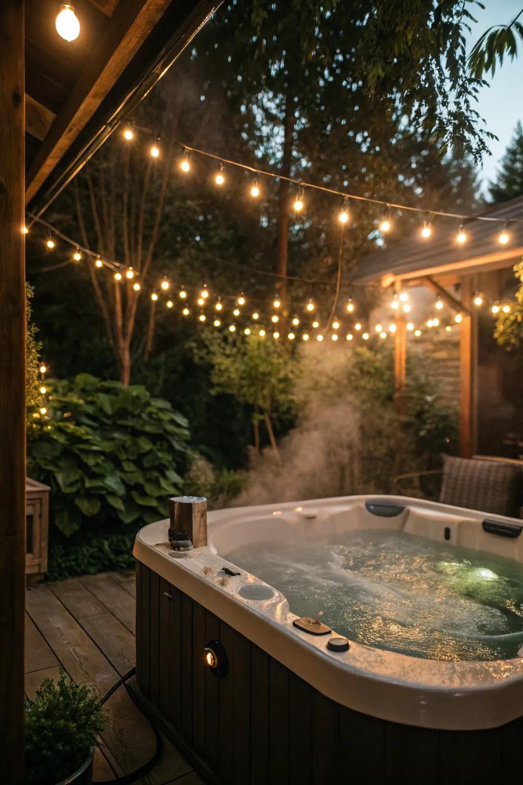 Twinkling string lights add magic to your hot tub nights.