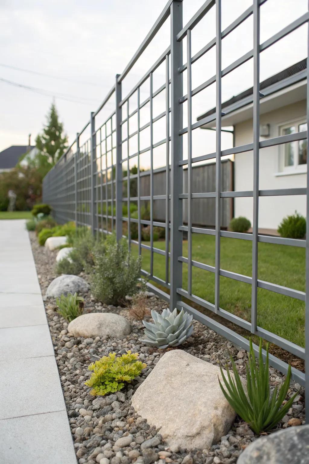 Achieve a modern look with a sleek metal lattice fence.