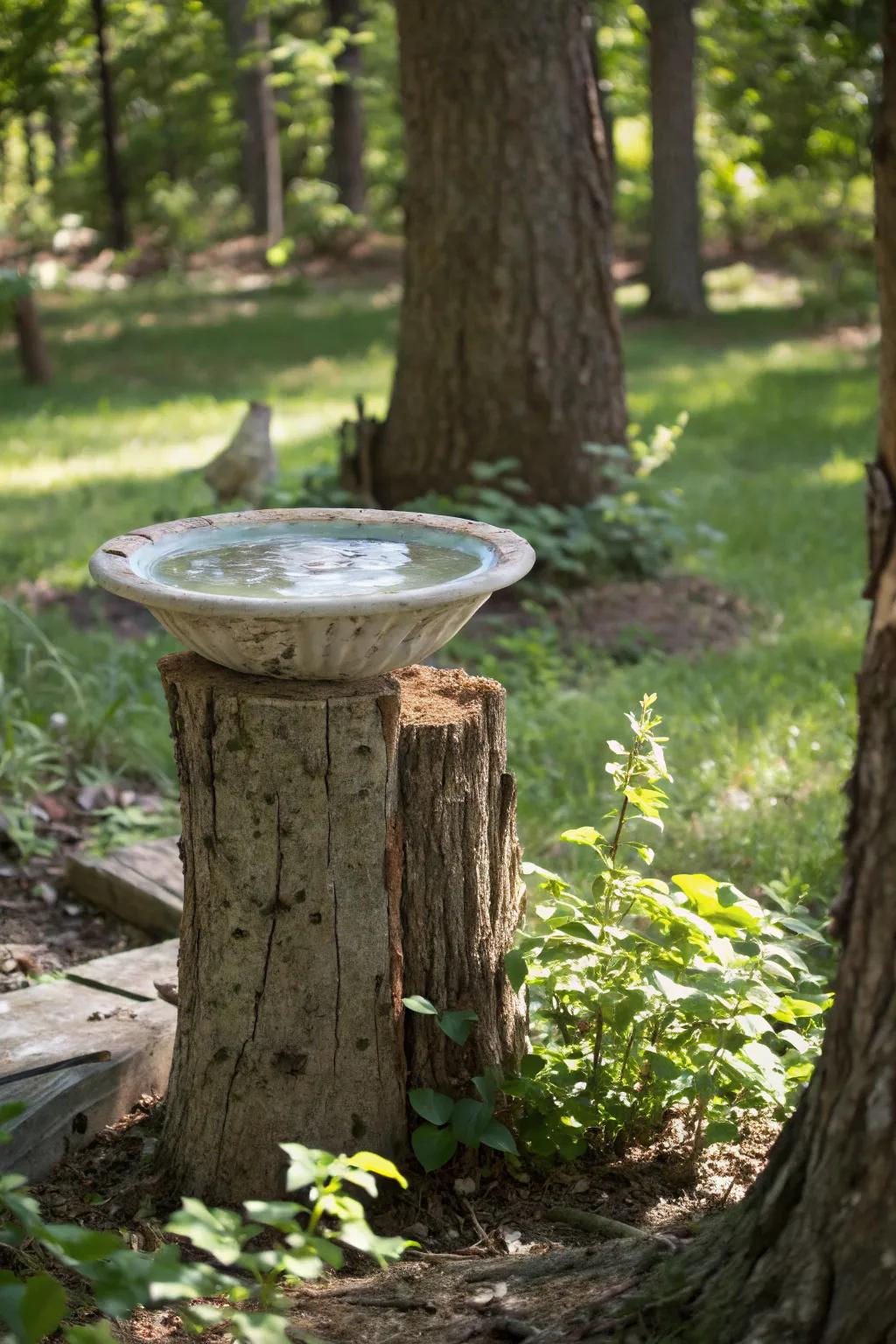 A rustic bird bath using a tree stump as a natural base.