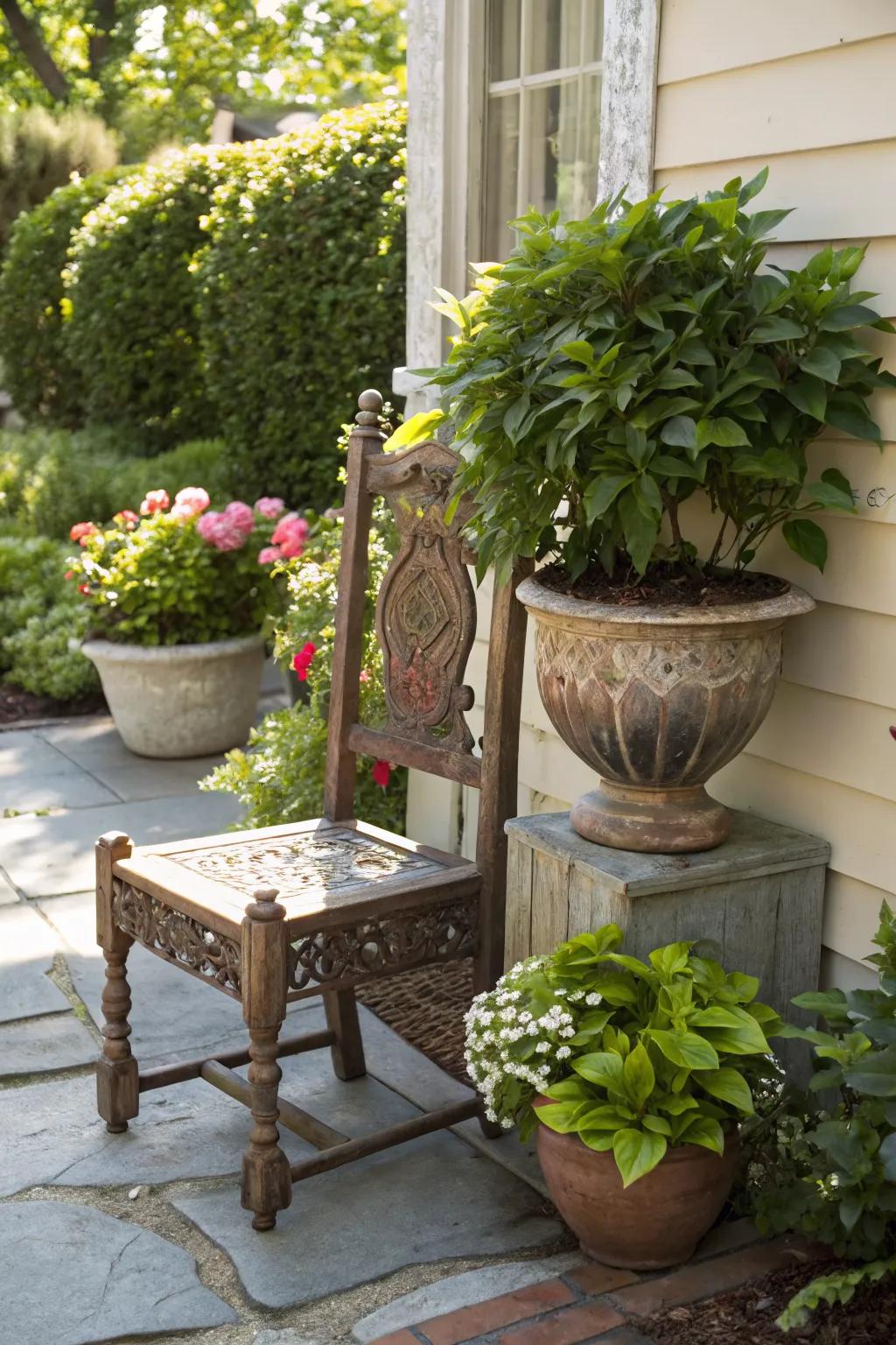 Add whimsy to your garden with a vintage chair plant stand.
