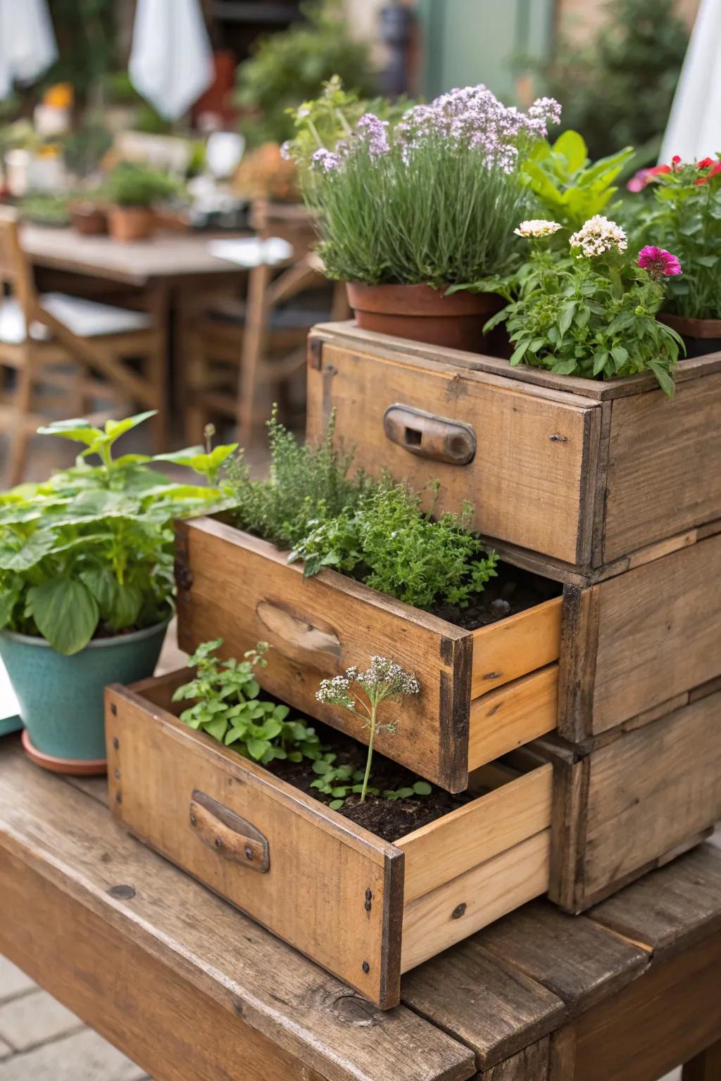 Tiered drawer planters offer a charming, layered planting solution.
