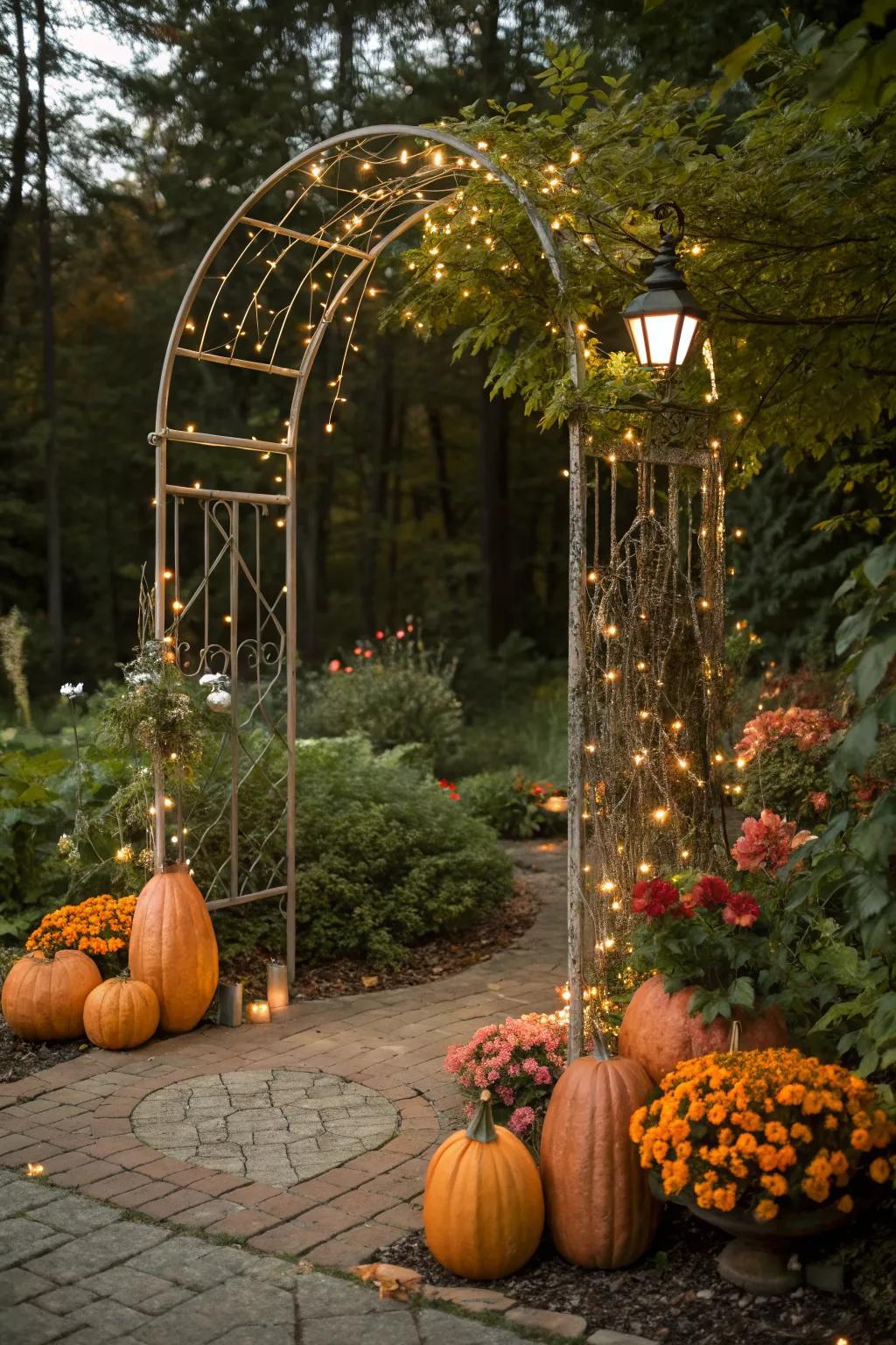 Metal archways with fairy lights transform your pumpkin patch into a night-time wonder.