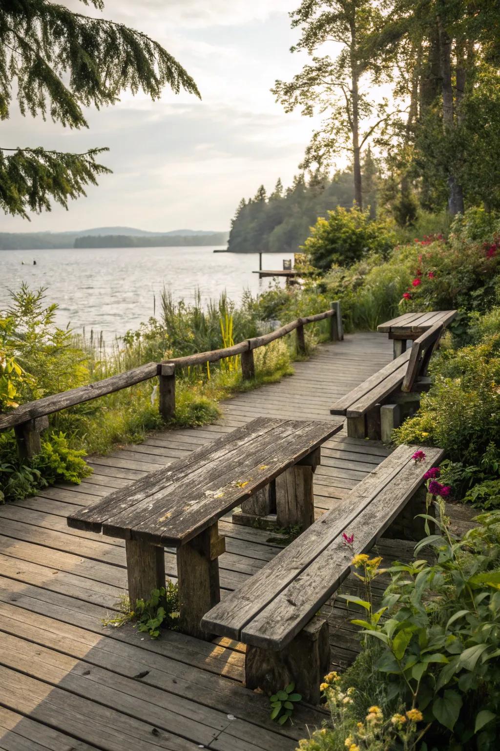 Add a touch of rustic charm with wooden benches.