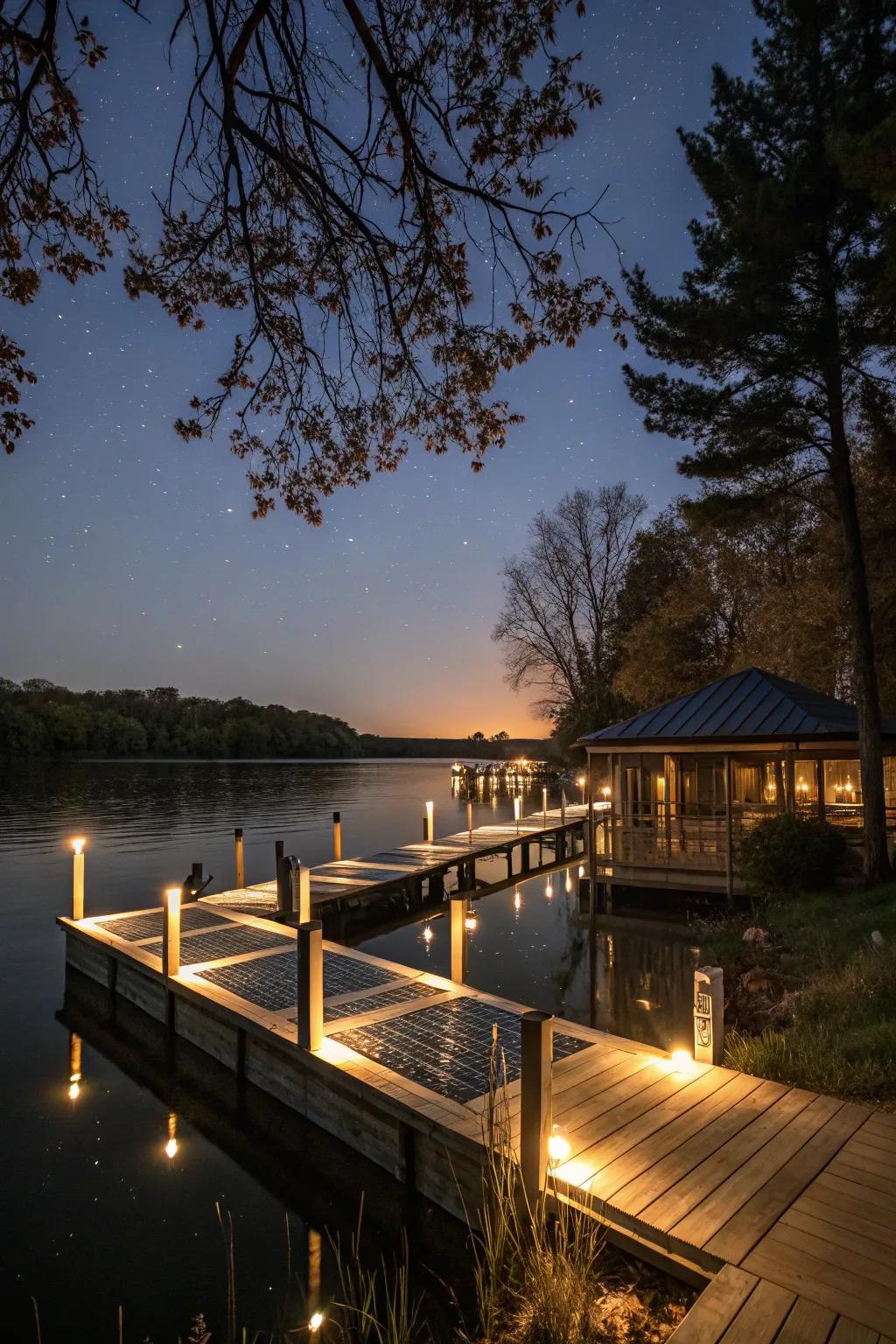 Eco-friendly solar lights illuminating a dock at night.
