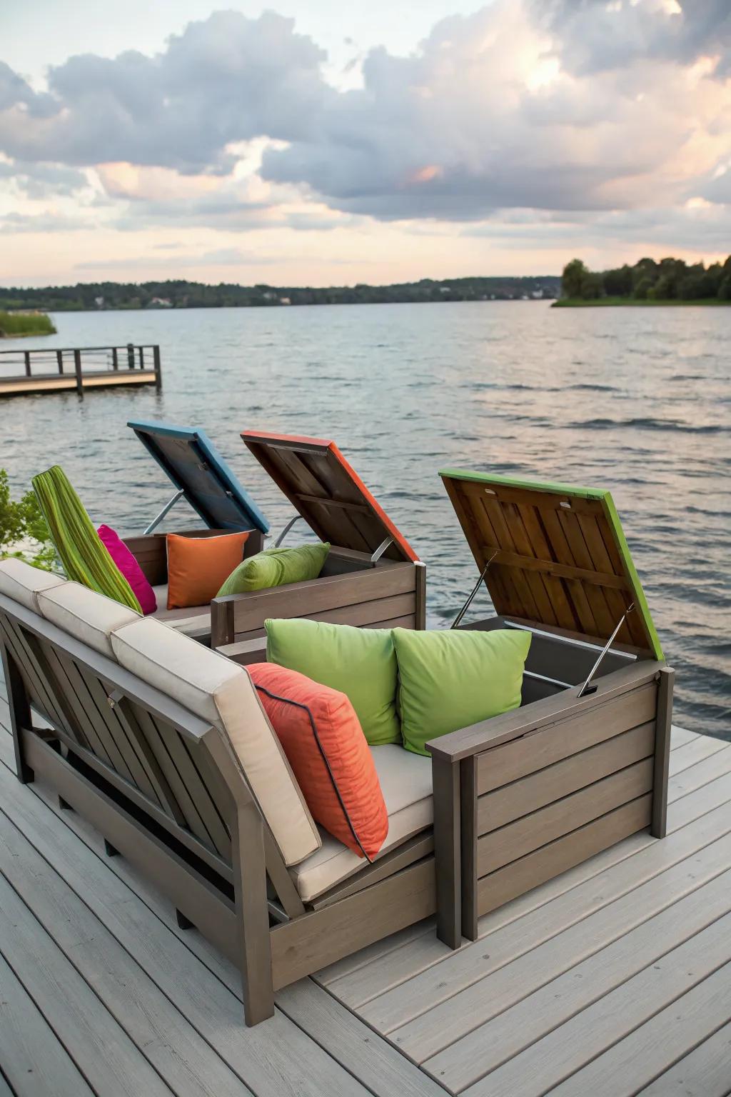Chic outdoor furniture with hidden storage keeps your dock tidy and inviting.