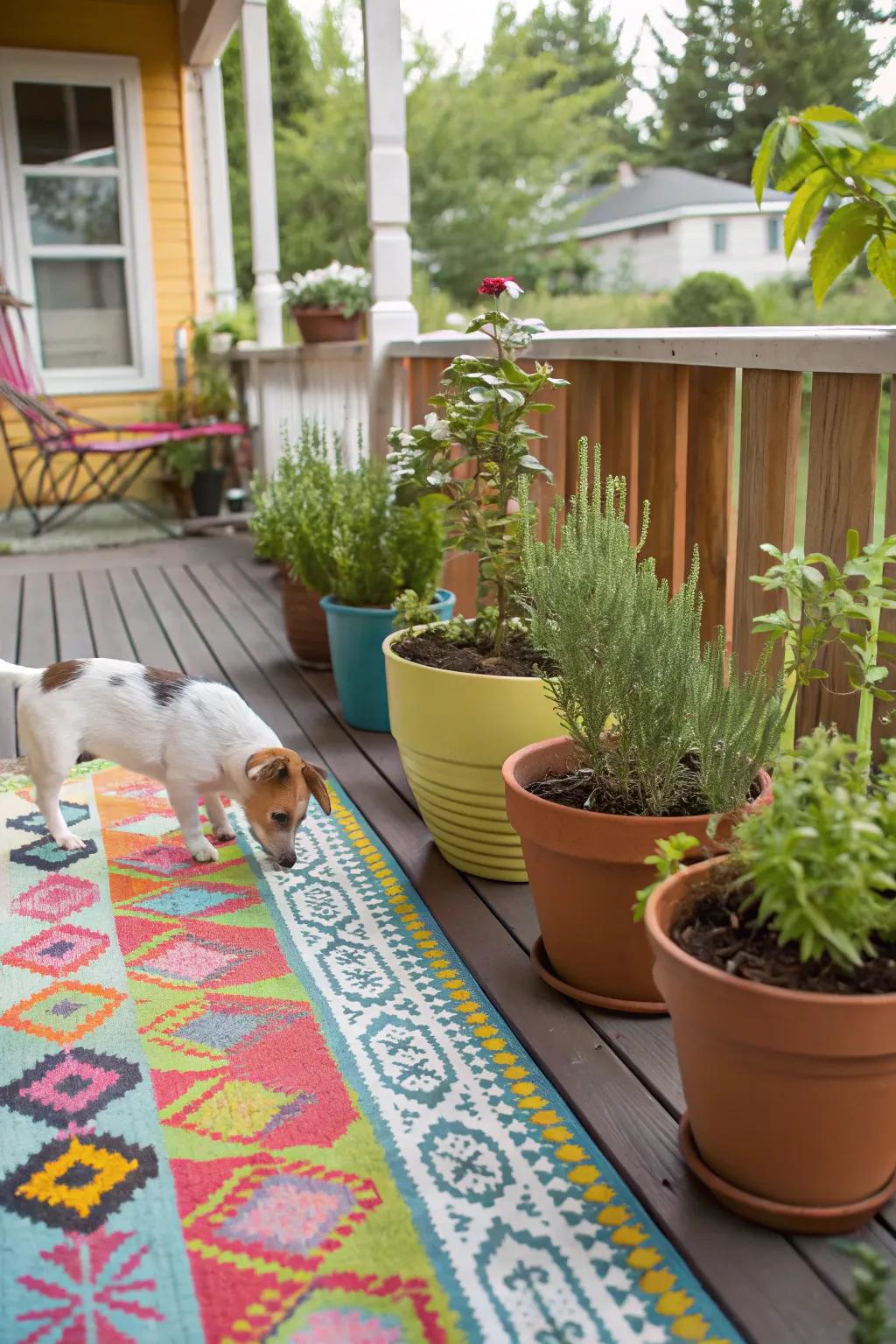 Colorful decor and dog-safe plants create a vibrant porch.