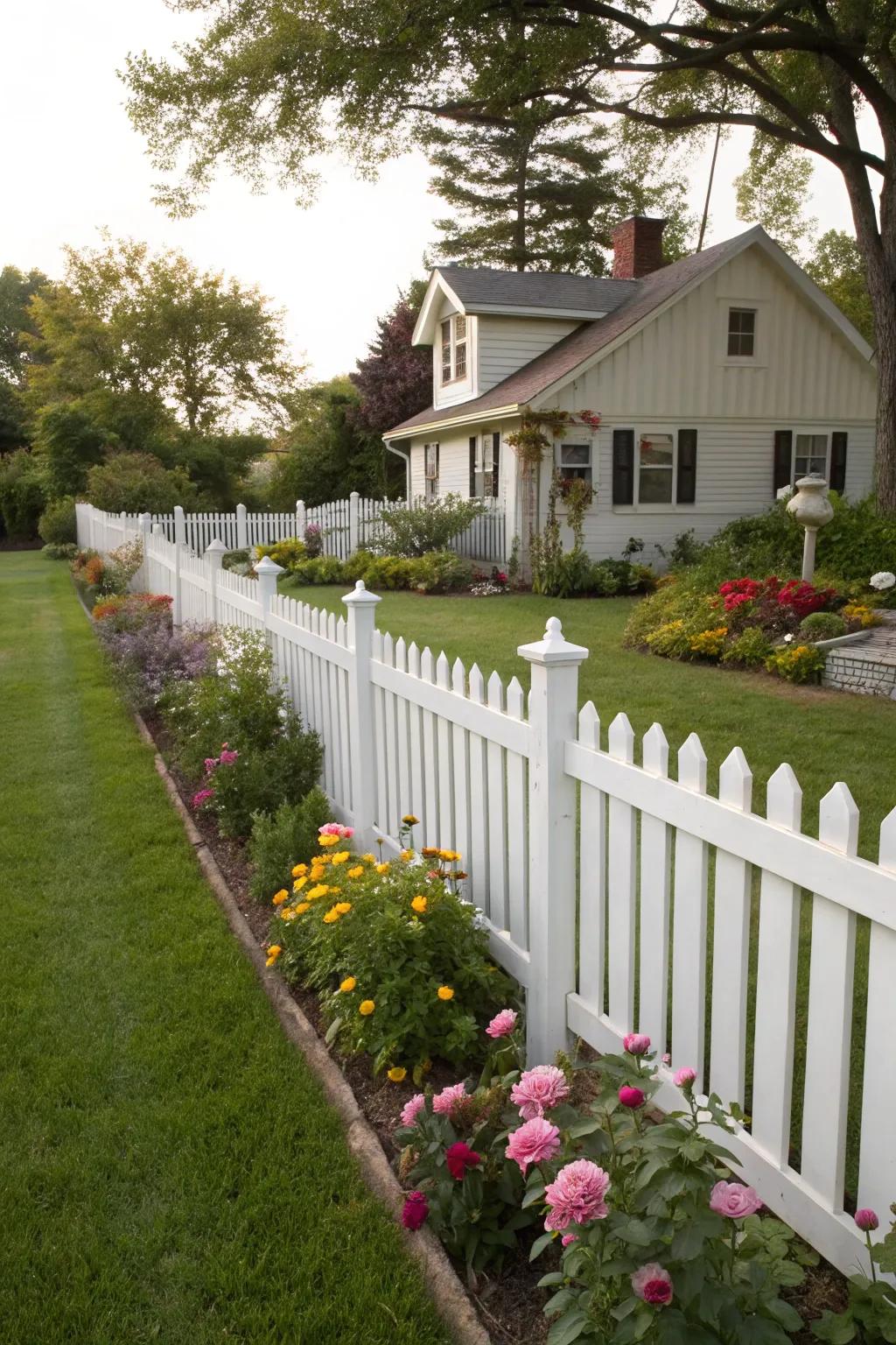 A classic picket fence offers charm and functionality.